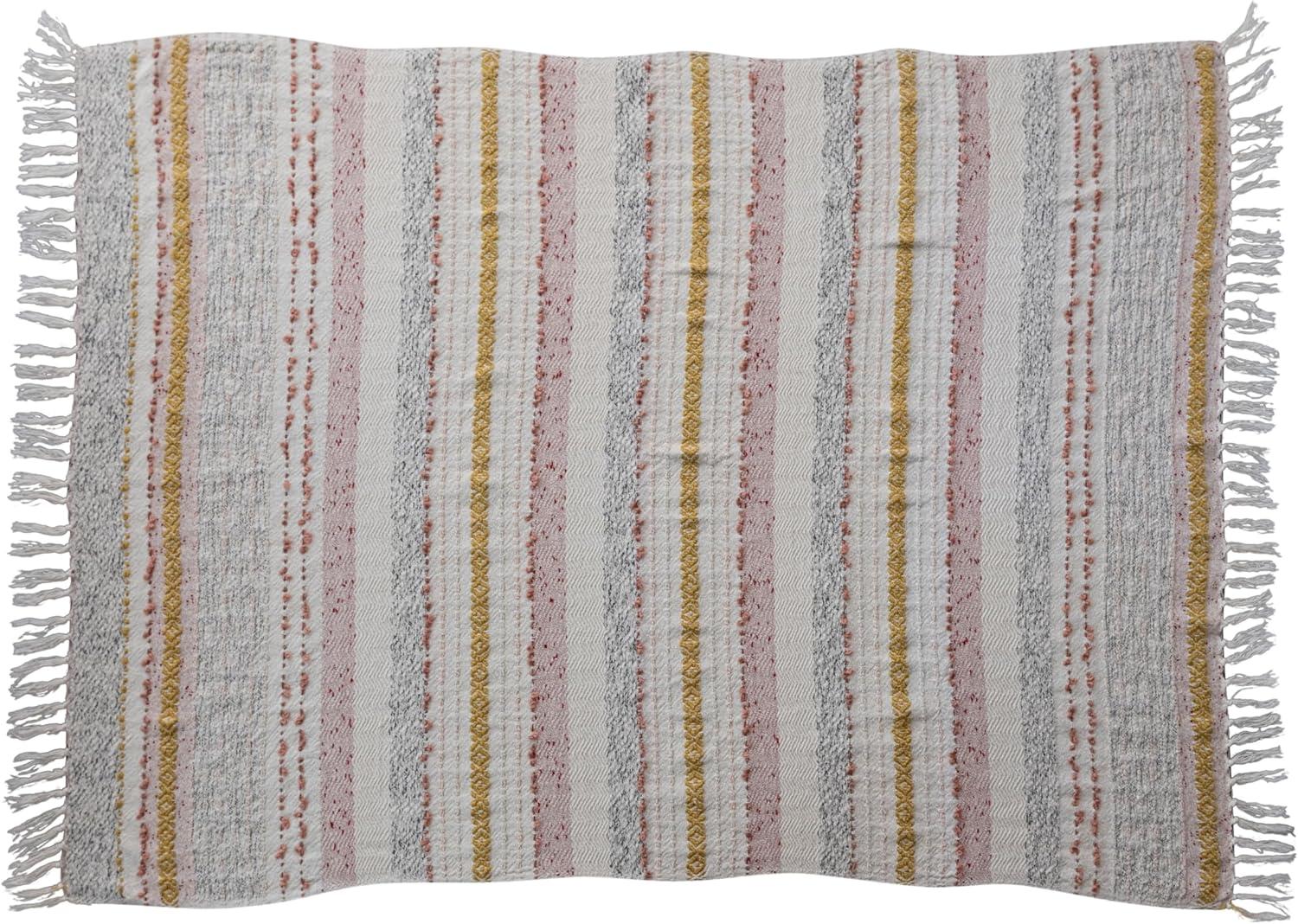 Multicolor Woven Cotton Striped and Embroidered Throw Blanket with Fringe