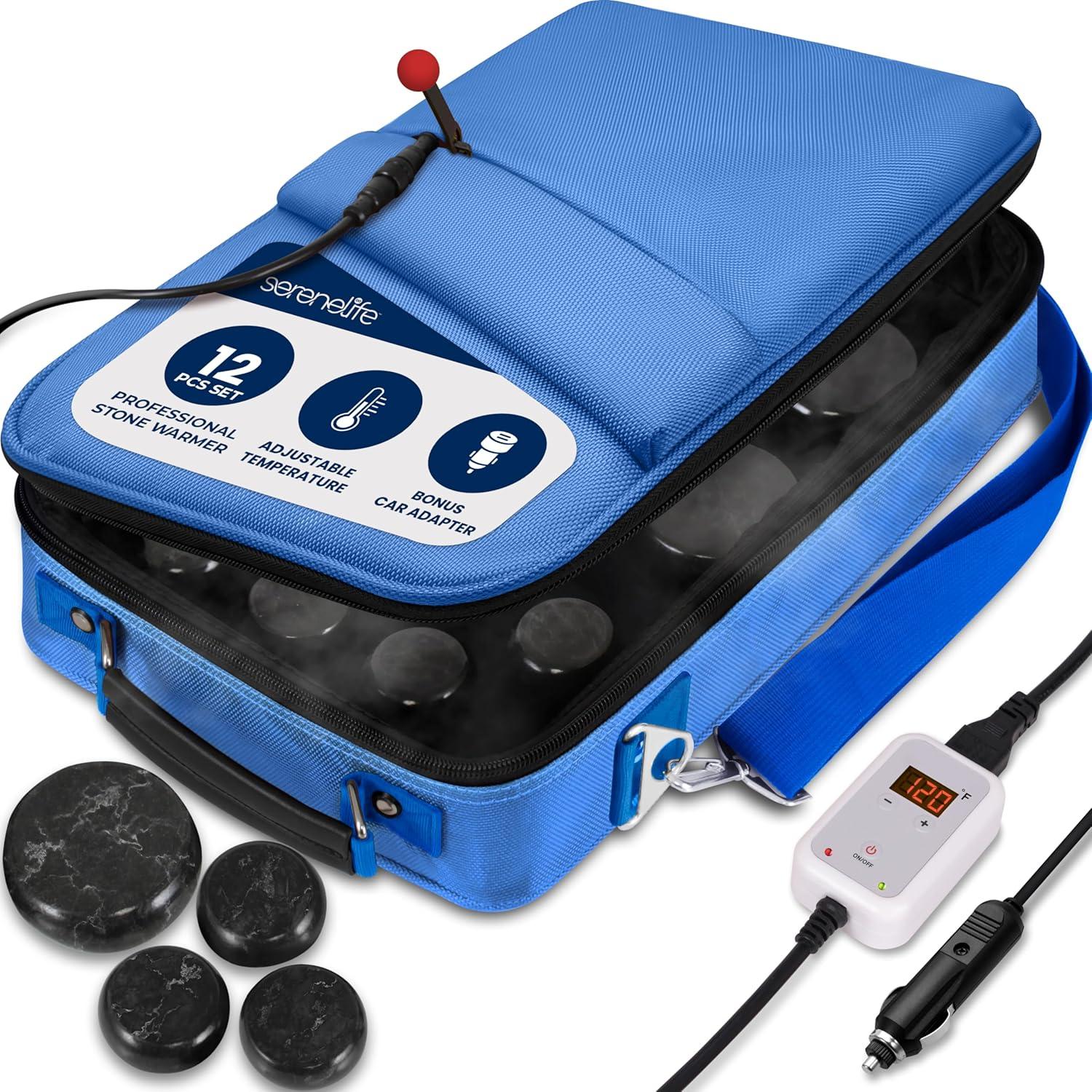 Portable Hot Stone Massage System for Relaxation with Digital Temp Controller, 12 Basalt Stones, Blue