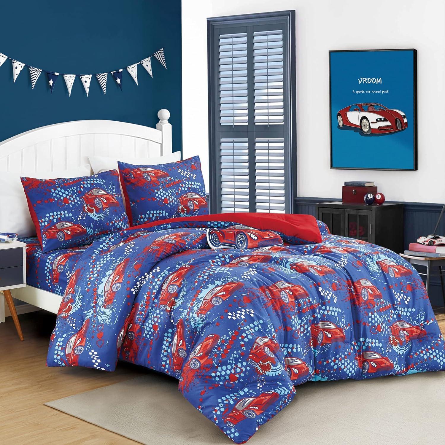 Twin Red and Blue Race Car Microfiber Comforter Set