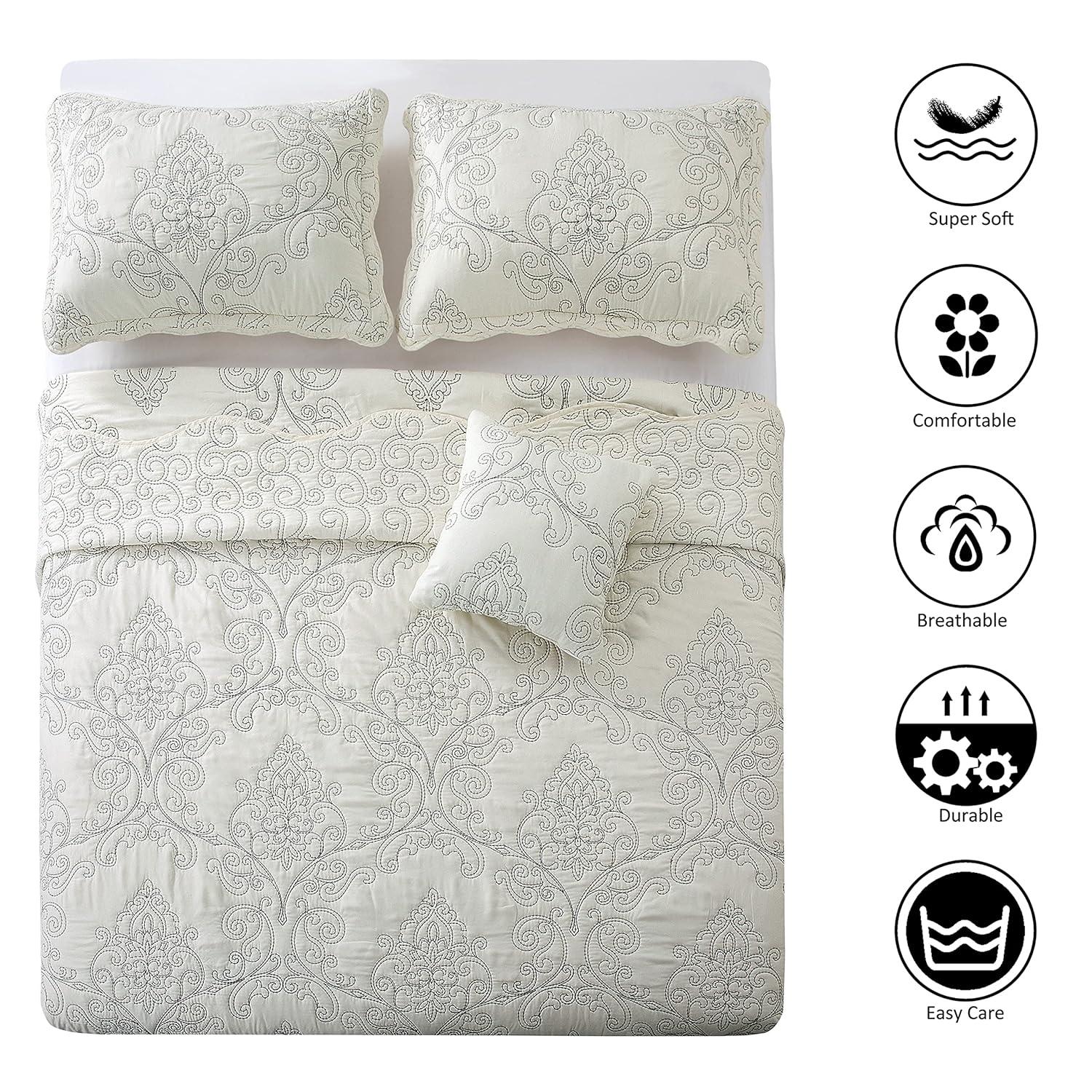 Home Soft Things 4-Piece Reversible Damask Embroidery Bedspread Set, Antique White, Oversized Queen 110"x120"