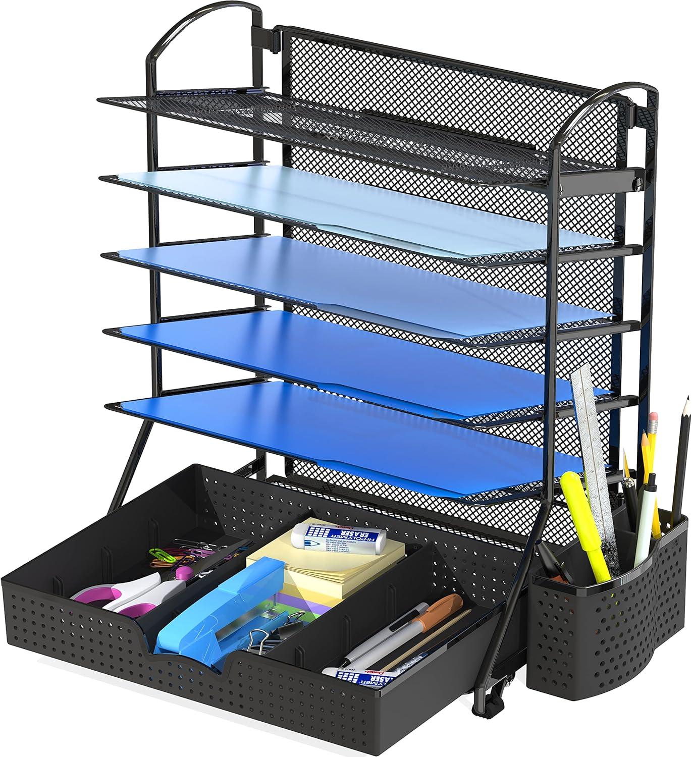 Black 6-Tier Mesh Desk Organizer with Sliding Drawer