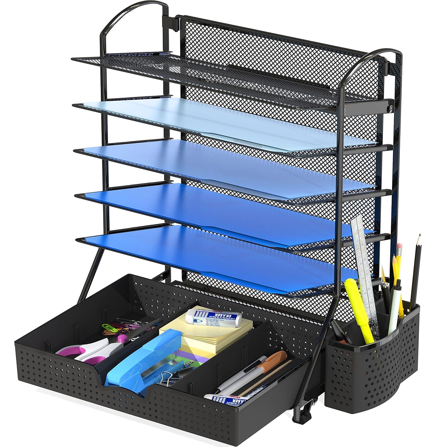 SimpleHouseware 6 Trays Desk Document File Tray Organizer with Supplies Sliding Drawer, Black