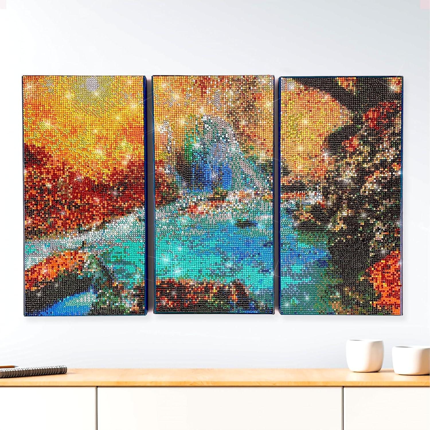ArtSkills Diamond Painting Kit, Diamond Art Ready to Hang Framed Canvas with Storage and Accessory Kit, Waterfall, 3 Stretched Canvas Panels, 14” x 7” Each