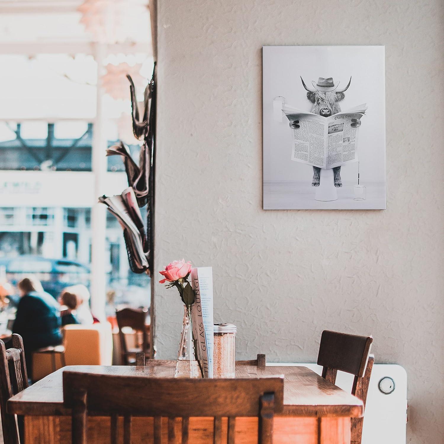 Modern Black Framed Highland Cow Wall Art Minimalist Bathroom Wall Decor Cute Funny Animals Artwork Canvas Prints Ready to Hang for Guest Bathroom, Hotel, Condo, Kids Bathroom, 12”x16”