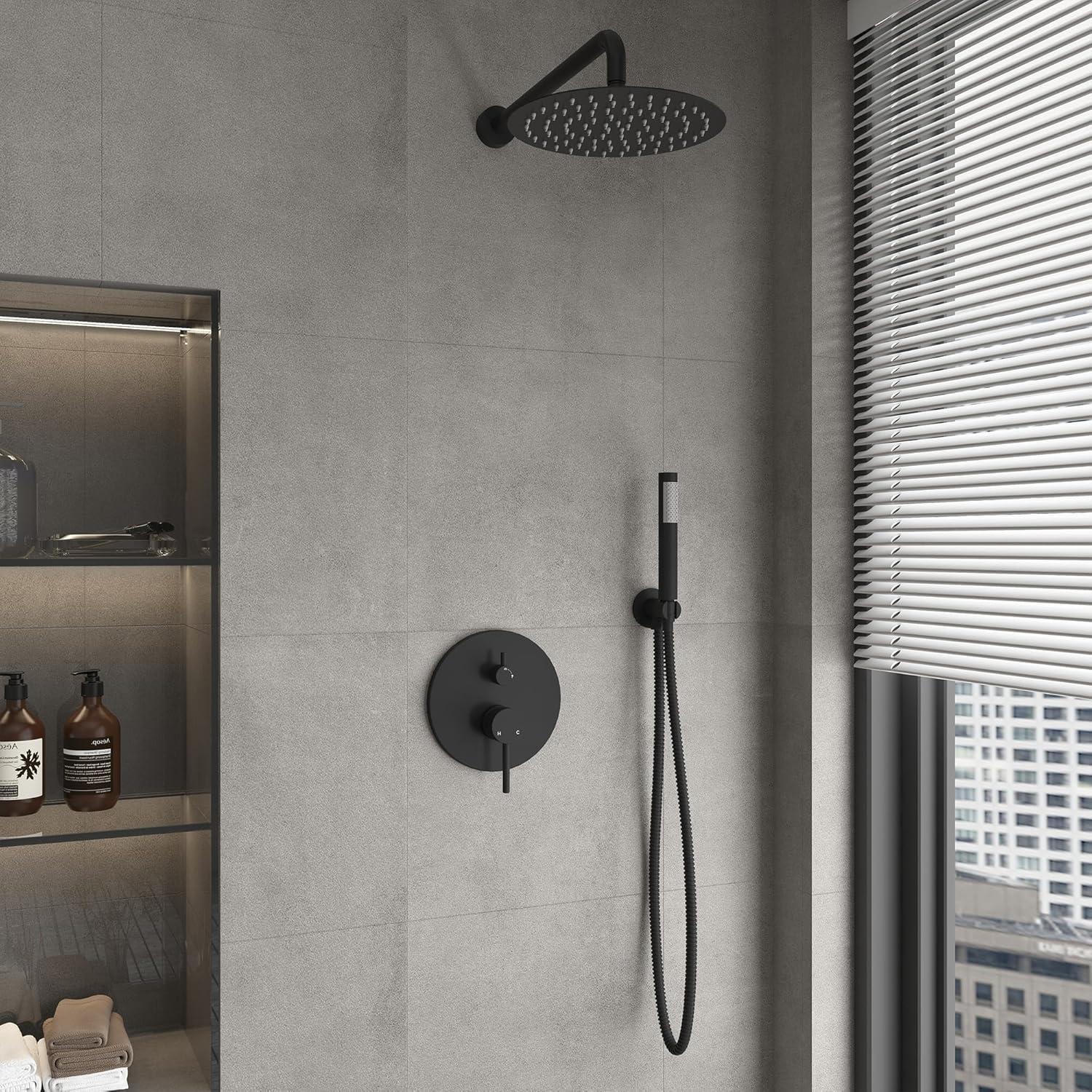 High-Pressure Shower System with 10 Inch Round Rain Shower Head and Handheld Wall Mounted, Shower Faucet Set Combo Set with 2 in 1 Handheld Showerhead for Bathroom, Matte Black