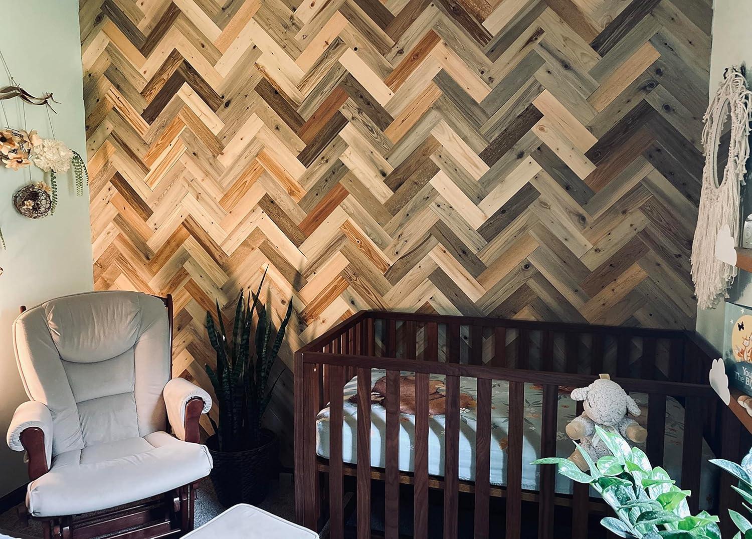 Timberchic River Reclaimed Wooden Wall planks - Simple Peel & Stick Wall Covering Application for DIY Accent Wall & Home Improvement - Premium Wall Paneling - Herringbone Pattern