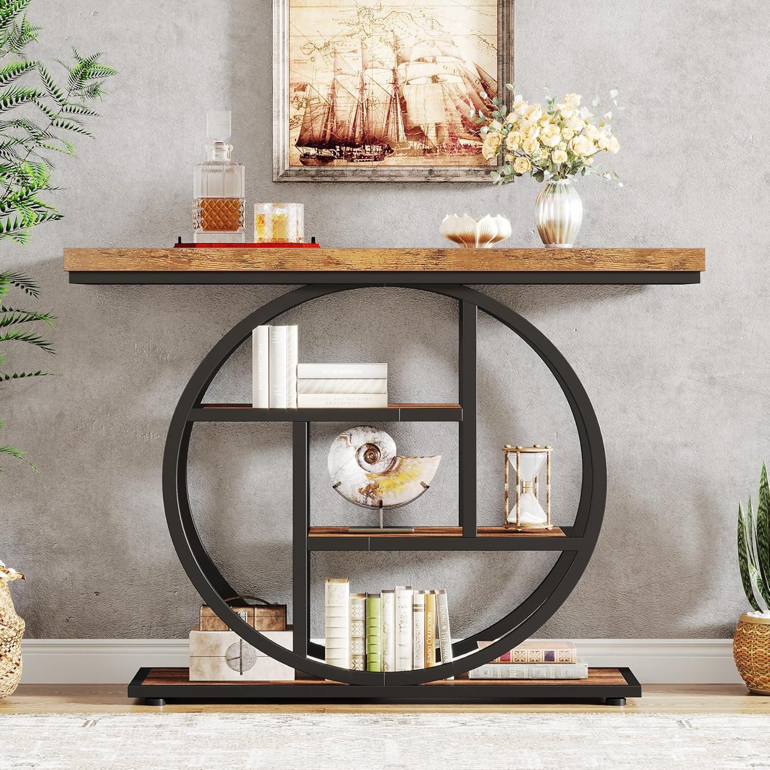 Rustic Brown Industrial 4-Tier Console Table with Circle Base