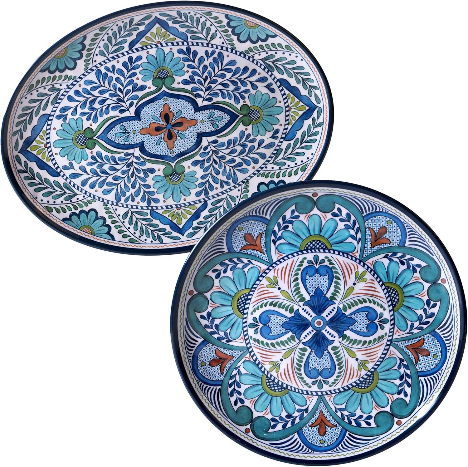 Talavera Blue and Aqua Melamine Round Serving Platters, Set of 2