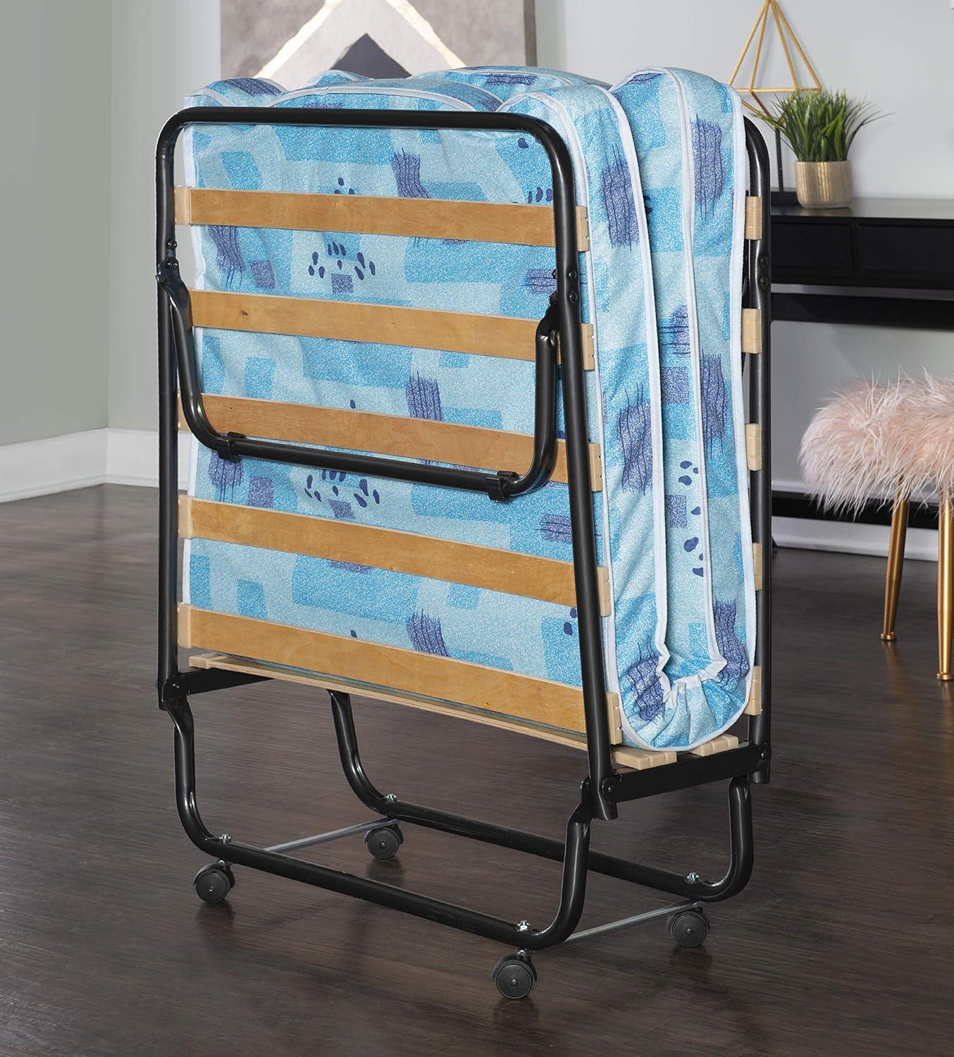 4" Twin Mattress Metal Frame Roma Rollaway Folding Guest Bed Blue - Linon: Portable, Space-Saving Design with Casters