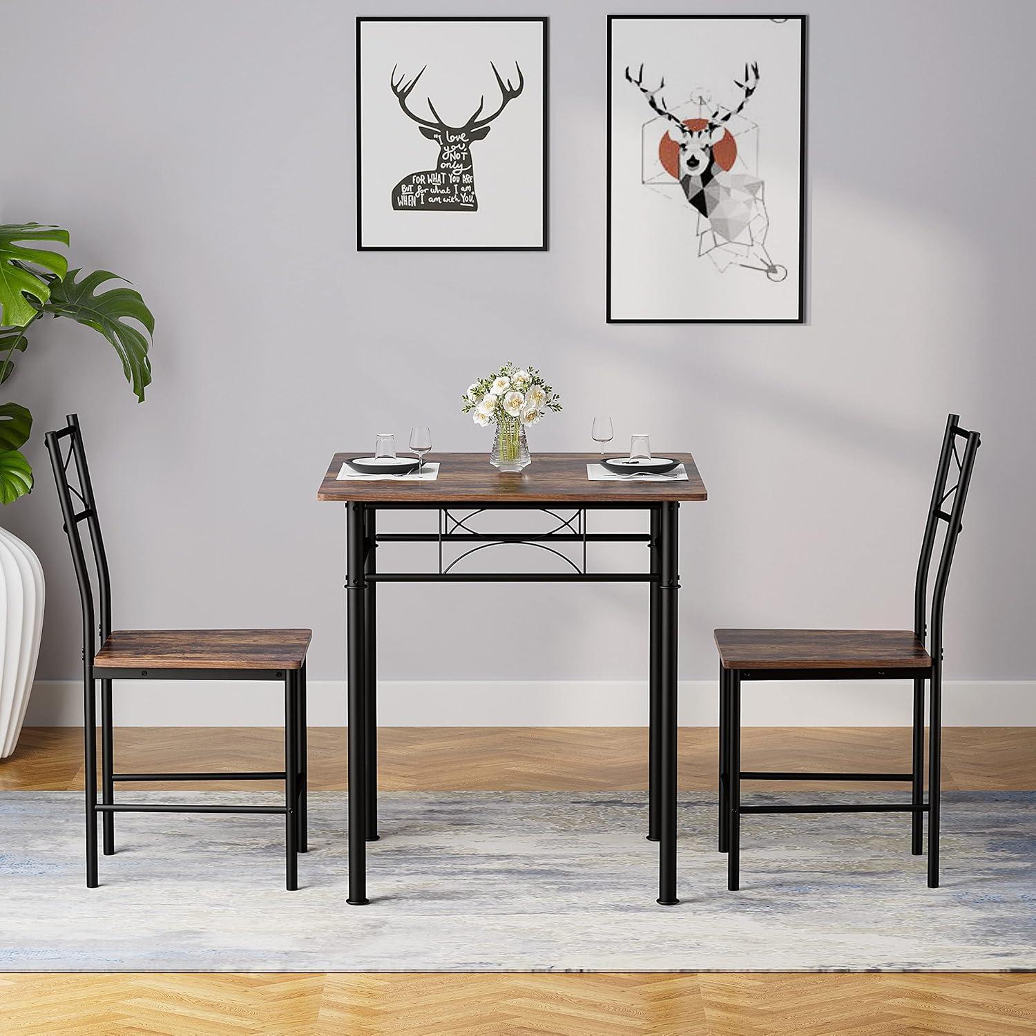 Rustic Brown Square MDF and Metal Dining Table Set with 2 Chairs