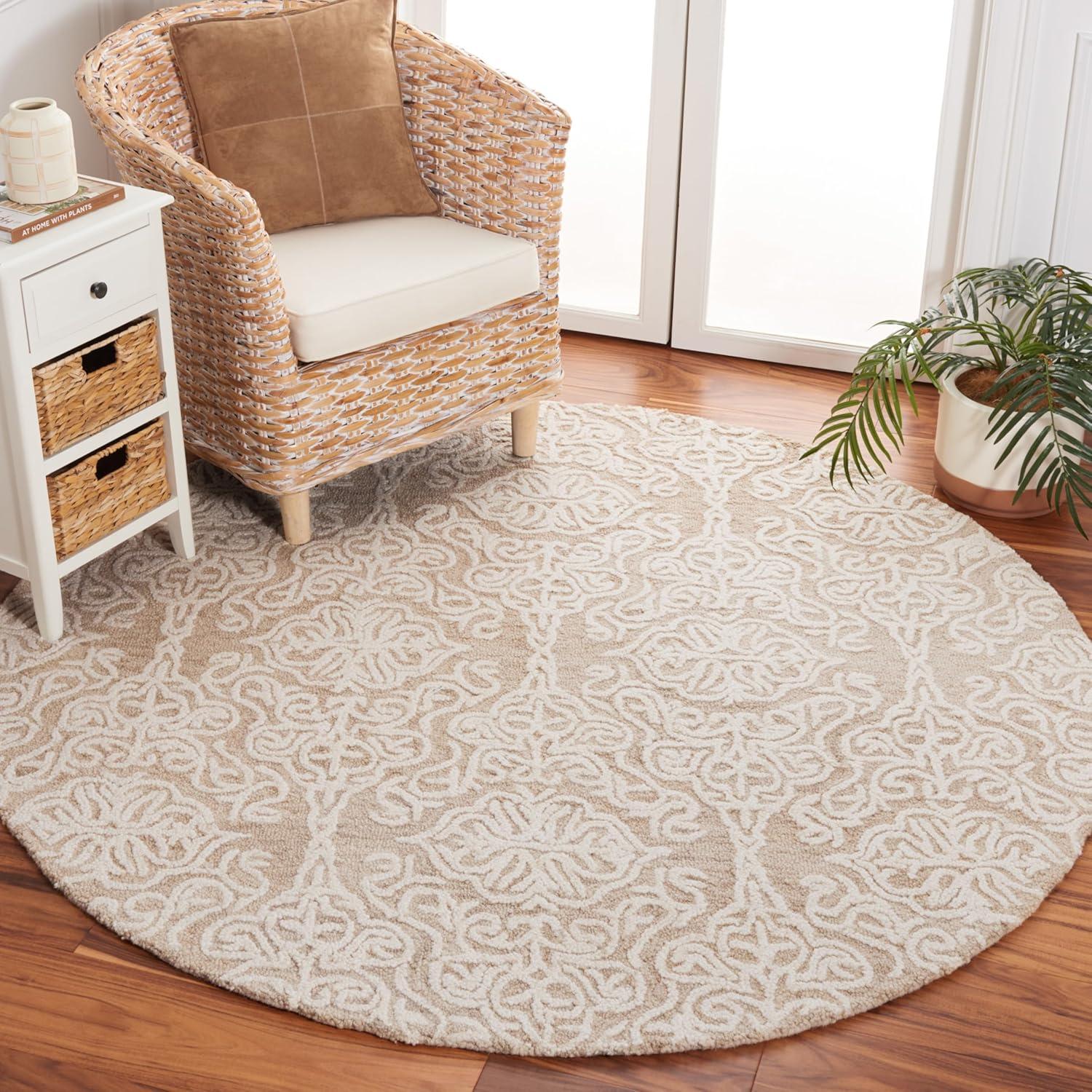 Beige and Ivory Floral Tufted Wool Round Rug, 6'