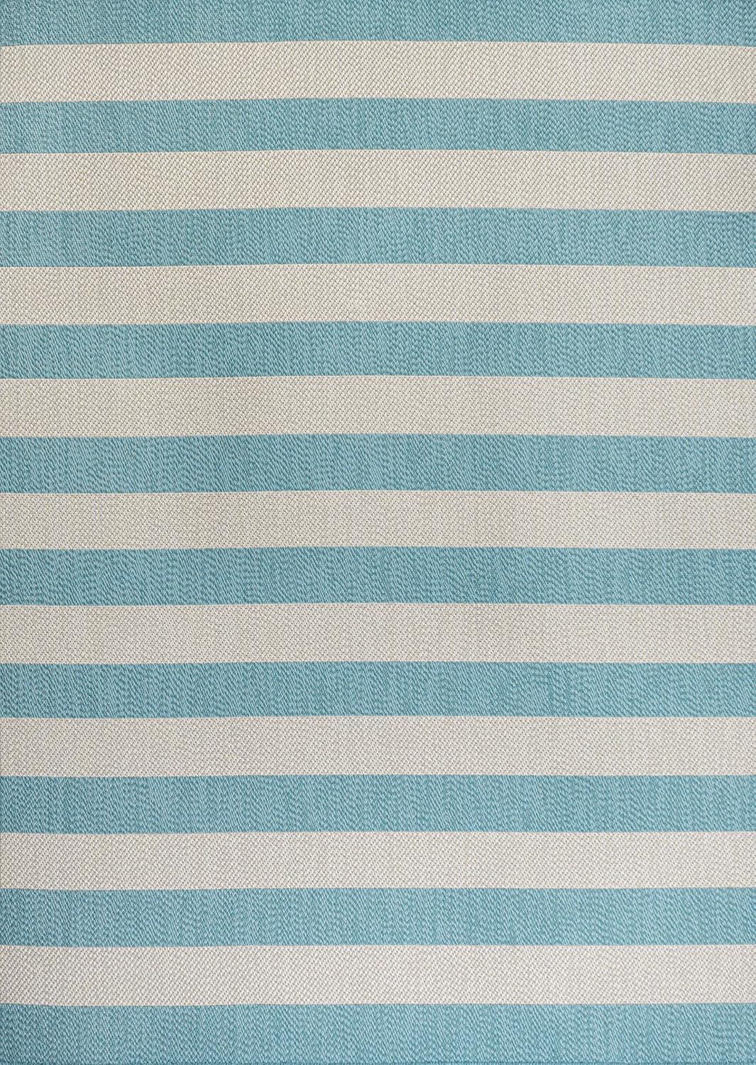 Aqua and Cream Wide Stripe Synthetic Indoor/Outdoor Rug 3x5