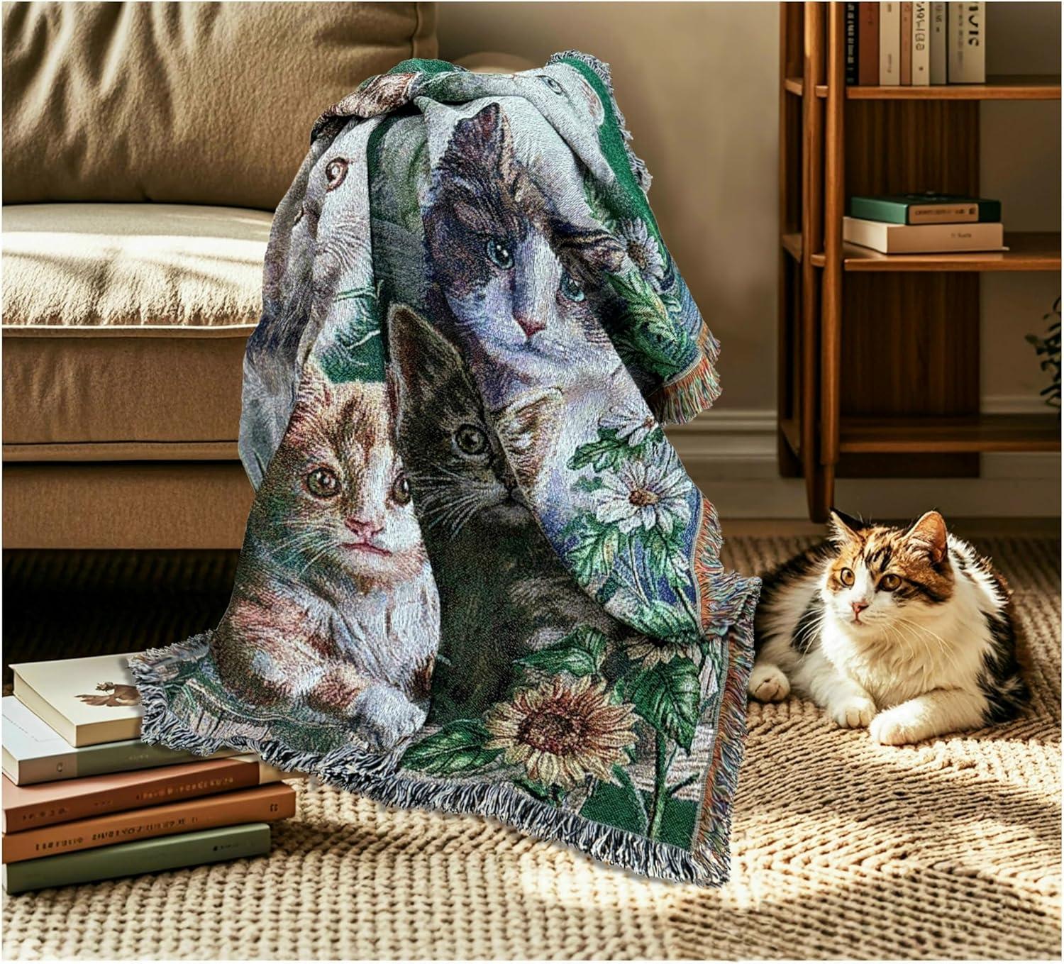 EZ.enjoy Garden Cat Flower Woven Tapestry Throw Blanket Wall Hanging Art Handicrafts Jacquard Multipurpose Soft Travel Mat Outdoor with Fringe Tassels 50 X 60 Inches