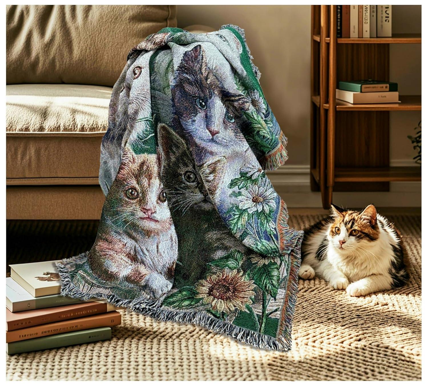EZ.enjoy Garden Cat Flower Woven Tapestry Throw Blanket Wall Hanging Art Handicrafts Jacquard Multipurpose Soft Travel Mat Outdoor with Fringe Tassels 50 X 60 Inches