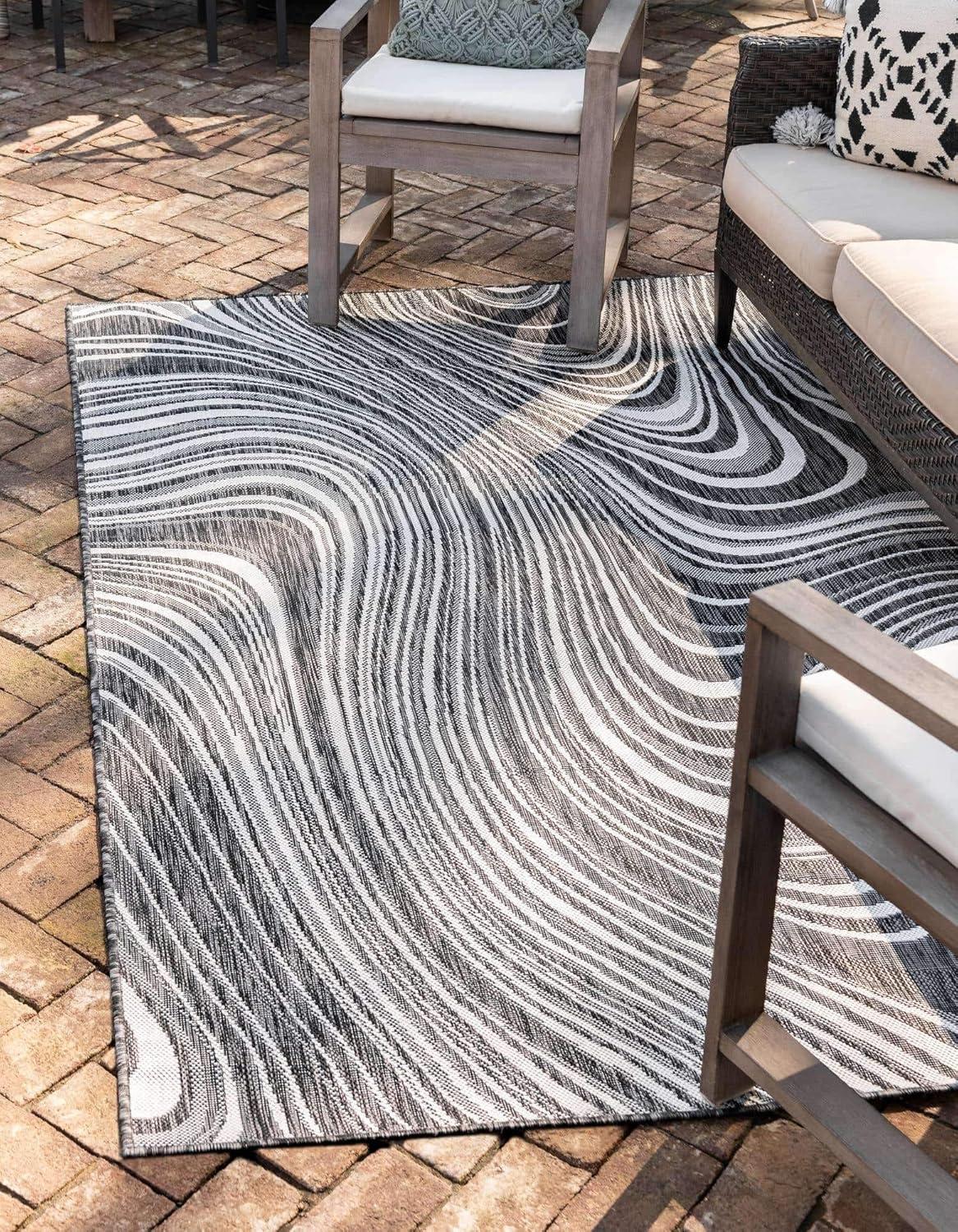 Charcoal and Gray Abstract Outdoor Rectangular Rug, 6' x 9'