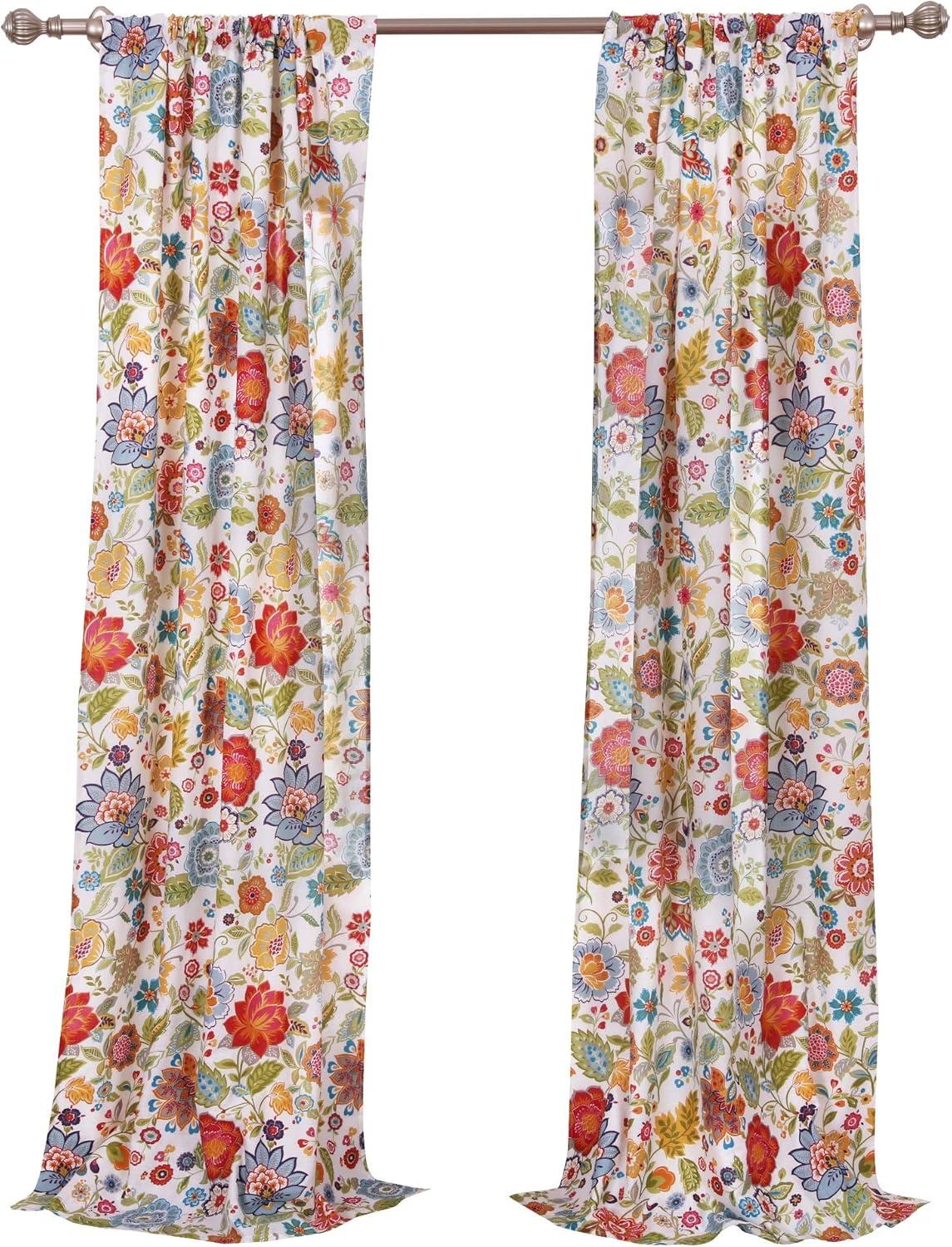 White Floral Polyester Sheer Rod Pocket Drapes