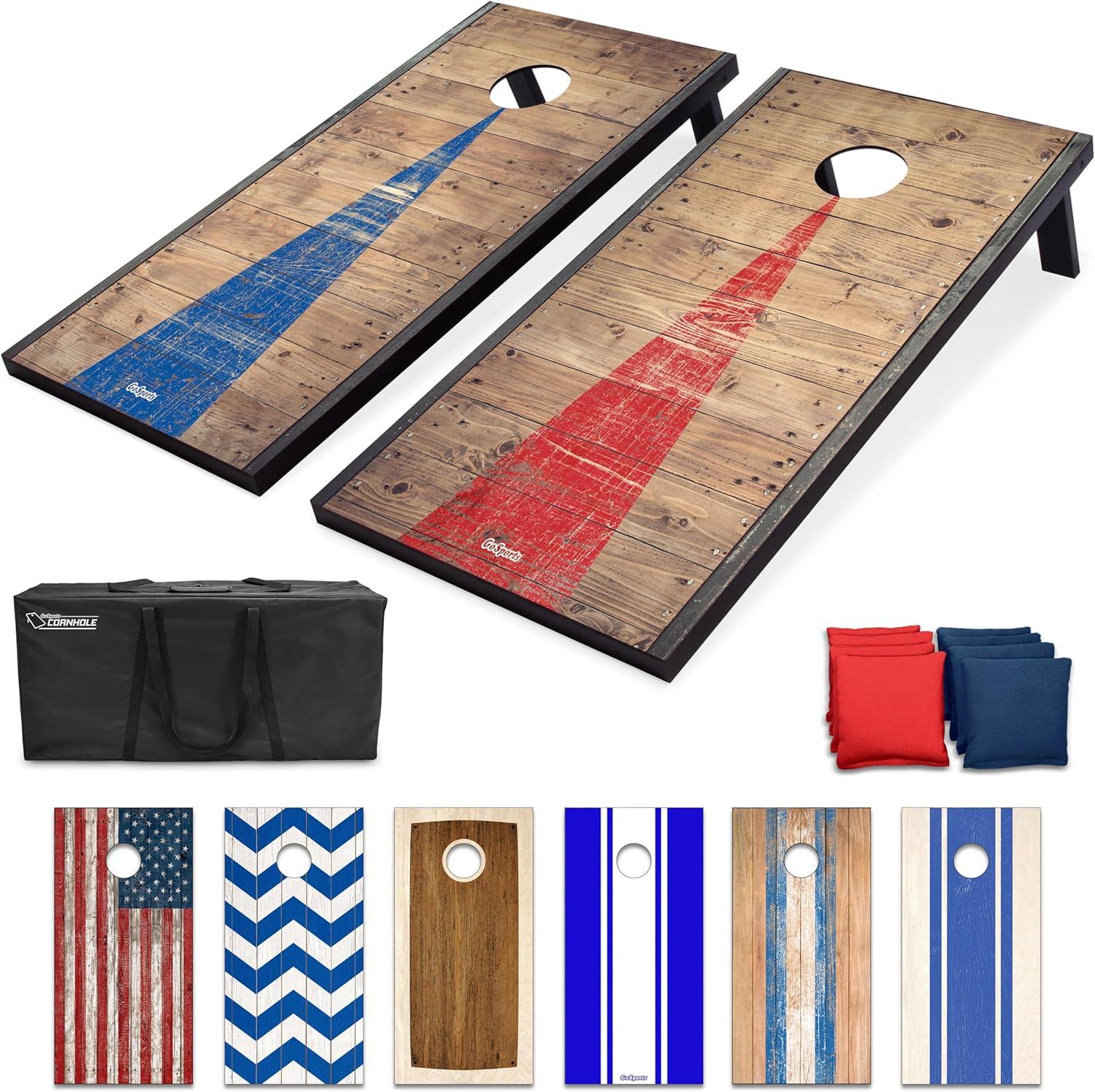 Rustic Wood Cornhole Set with Red and Blue Bean Bags