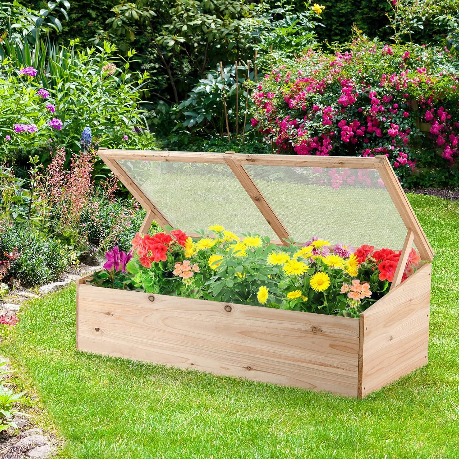 Natural Fir Wood Outdoor Raised Garden Bed with Flip Top Lid