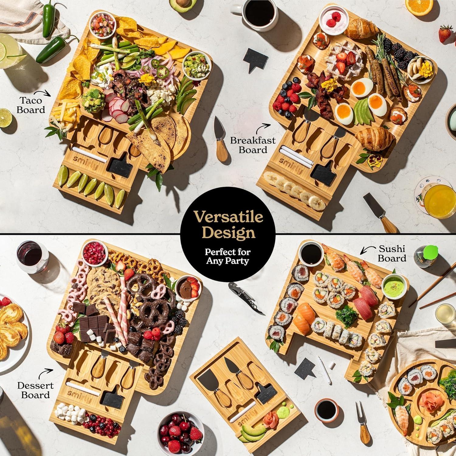 SMIRLY Charcuterie Board Set Large Bamboo Cheese Board with Fruit Tray & 2 Ceramic Bowls