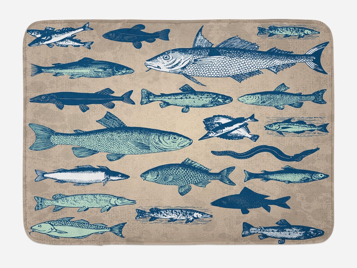 Fish Bath Mat, Vintage Style Collection of Various Different Fish Animals Seafood Theme Grunge Effect, Non-Slip Plush Mat Bathroom Kitchen Laundry Room Decor, 29.5 X 17.5 Inches, Multicolor, Ambesonne