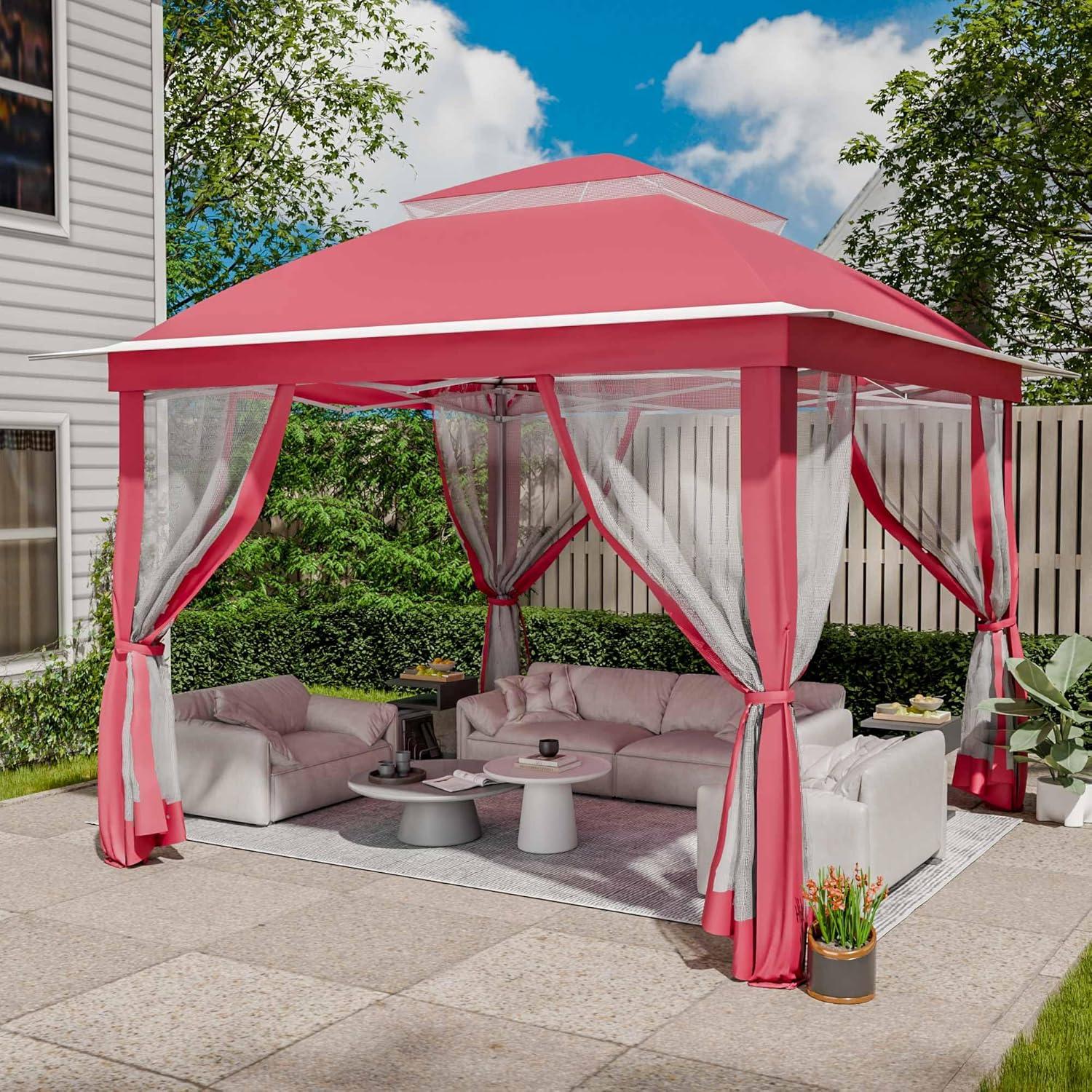 Pink Steel Portable Pop-Up Gazebo with Mosquito Netting 11 ft. x 11 ft. . .
