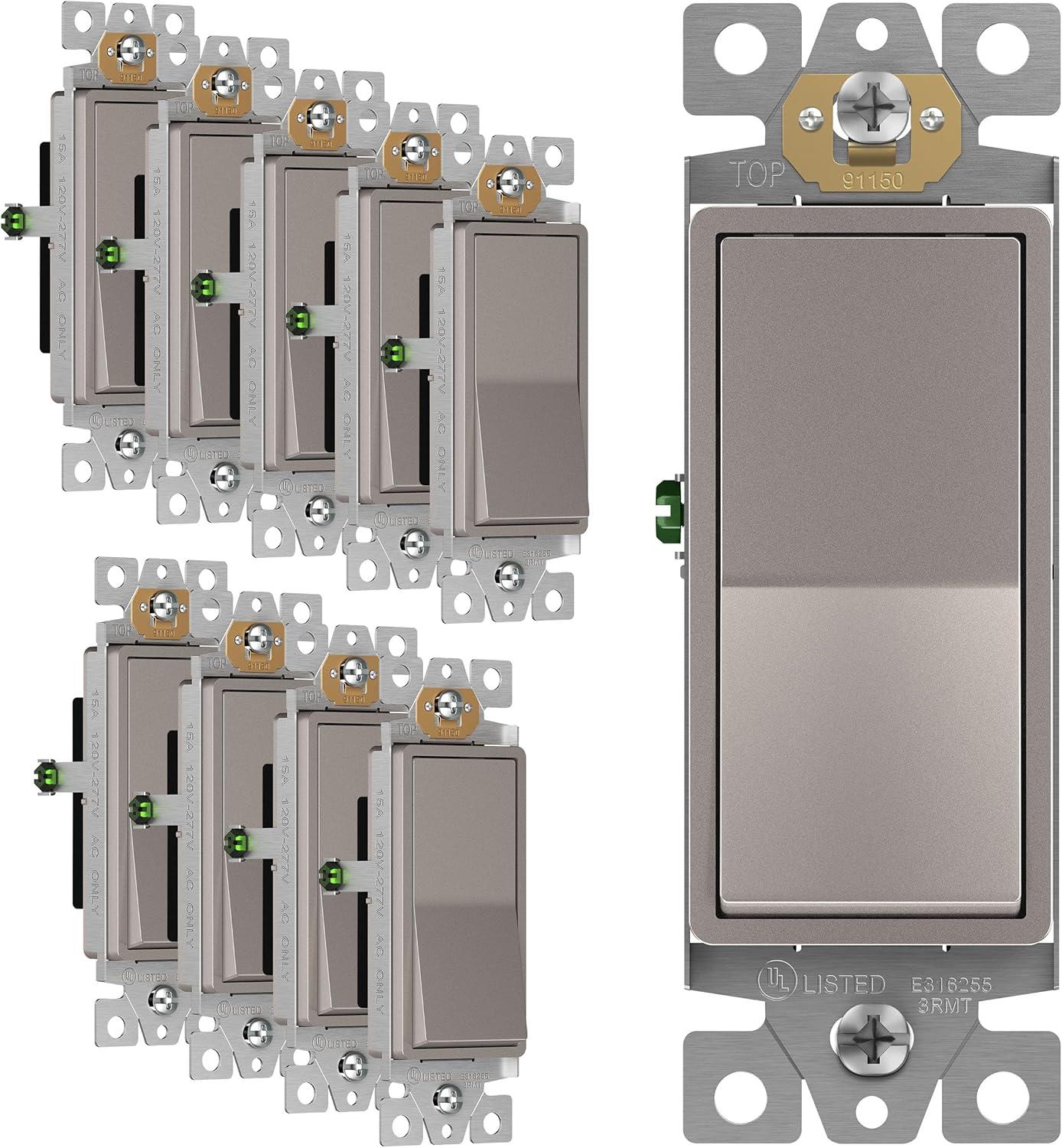 ENERLITES Decorator Rocker Light Switch, Elite Series, 15A 120V/277V, Single Pole, 3 Wire, Grounding Screw, UL Listed, 91150-NK, Nickel Color (10 Pack)