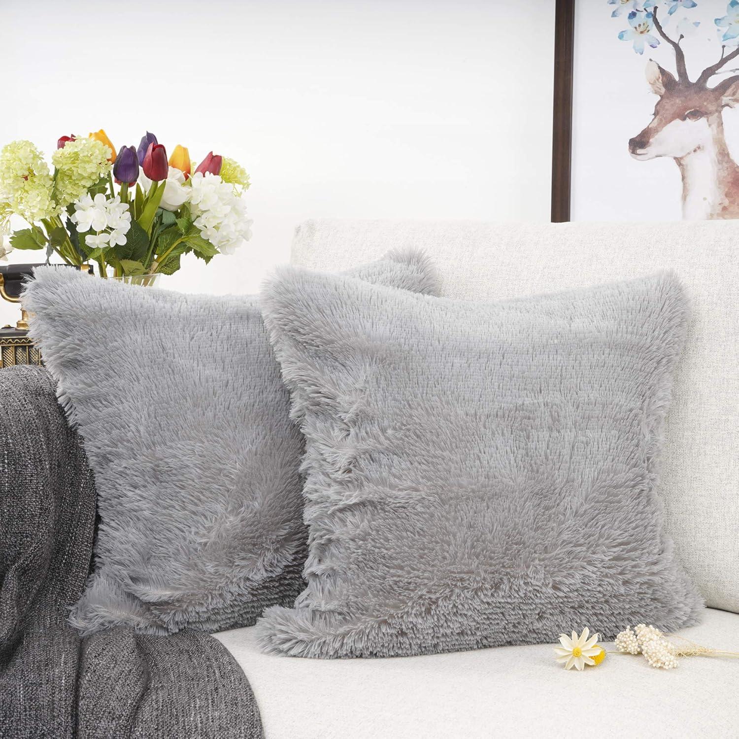 Juvale Set of 2 Gray Faux Fur Decorative Throw Pillow Covers Cushion Cases for Couch Sofa, Fuzzy Home Decor, 18x18 in