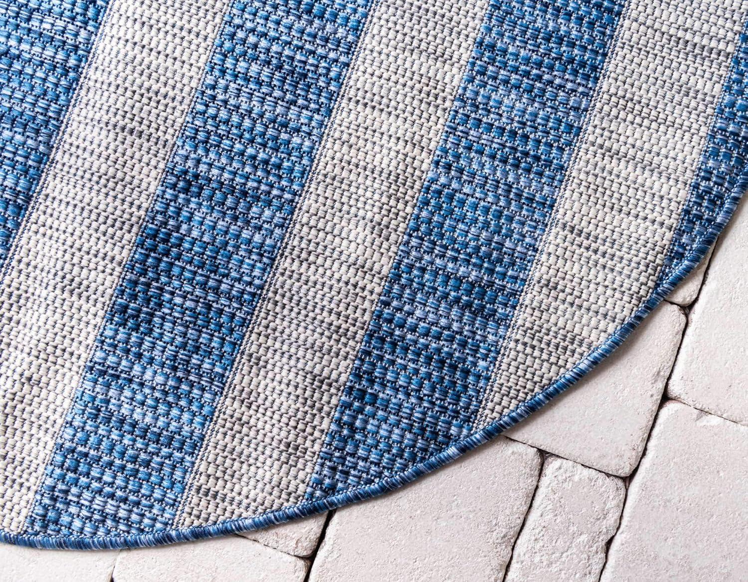 Unique Loom 4' 1 x 4' 1 Round Indoor/Outdoor Striped Blue Area Rug