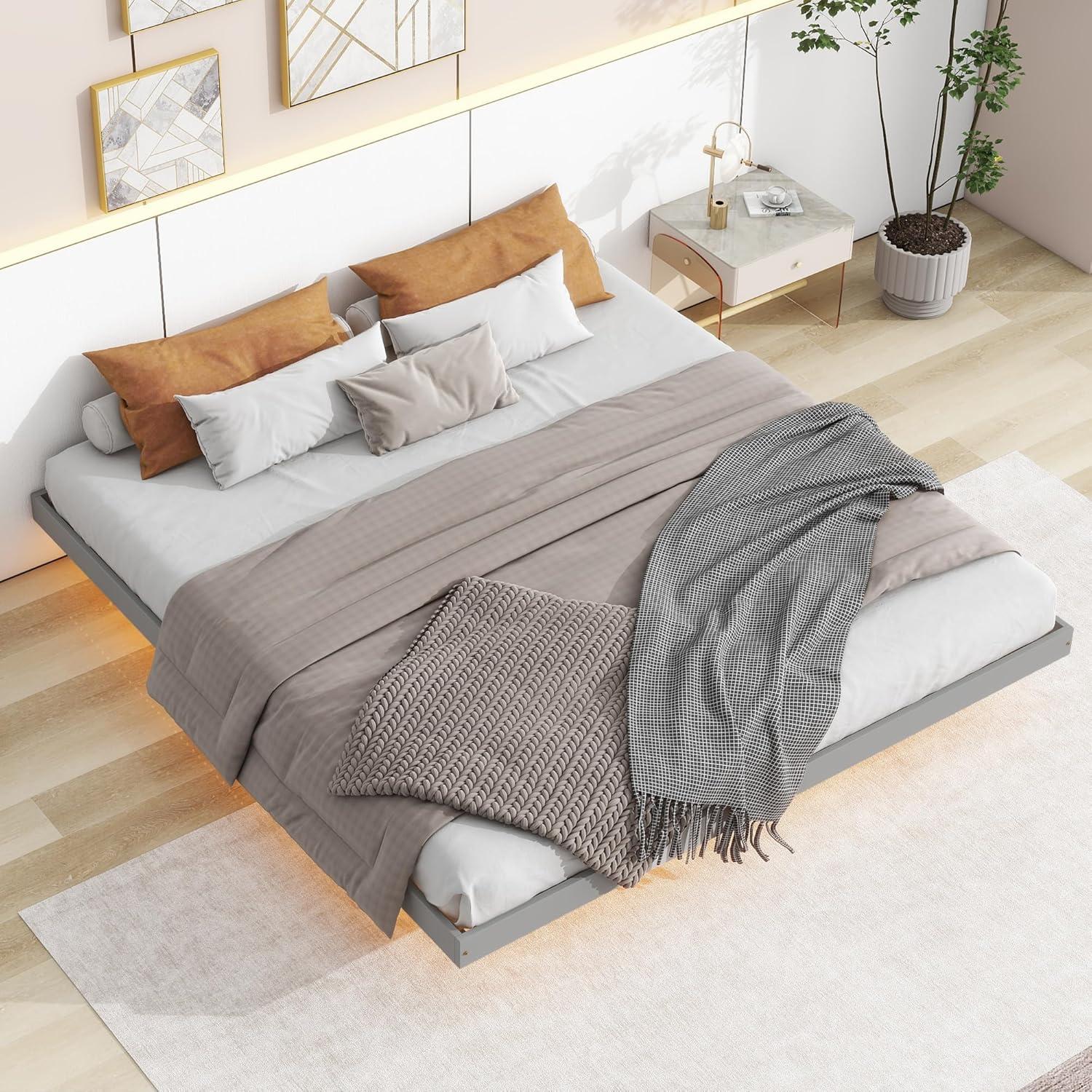 PAPROOS King Size Bed Frame, Wooden Floating Bed with LED Lights Underneath, Low Profile Basic Platform Bed, No Box Spring Needed, Gray