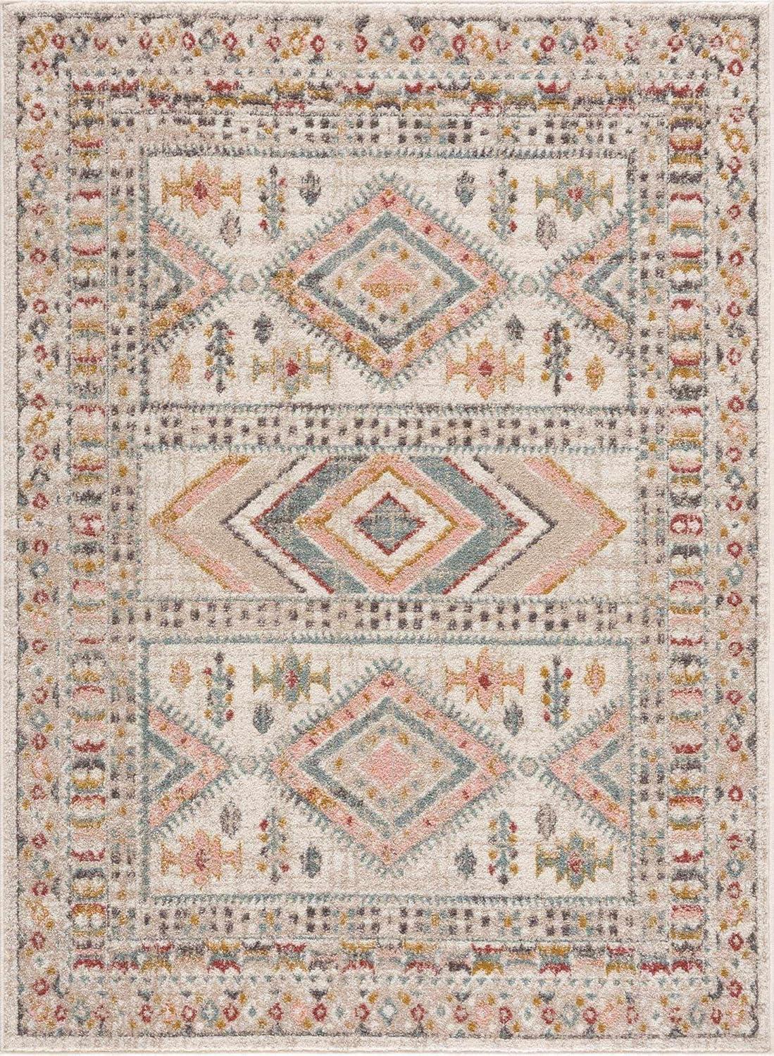 BoutiqueRugs Diem Boho Vintage Colorful Large Area Rug - Farmhouse Traditional Medallion Pink Rug for Bedroom, Dining Room - Pink, Cream, Green, Red, Gray, Yellow - 7'10" x 10'2" (8x10 Area Rug)