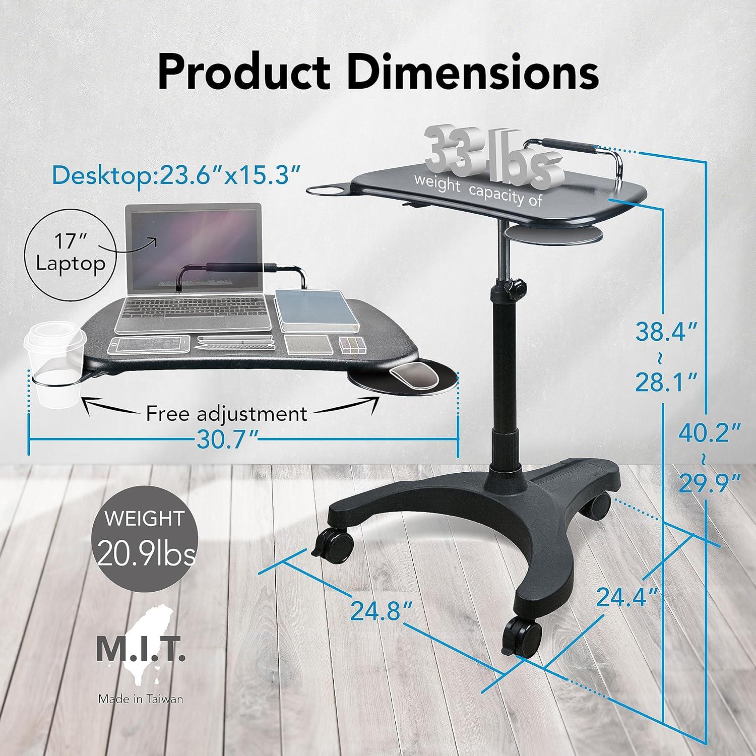 Black Adjustable Height Mobile Laptop Desk Cart with Cup Holder