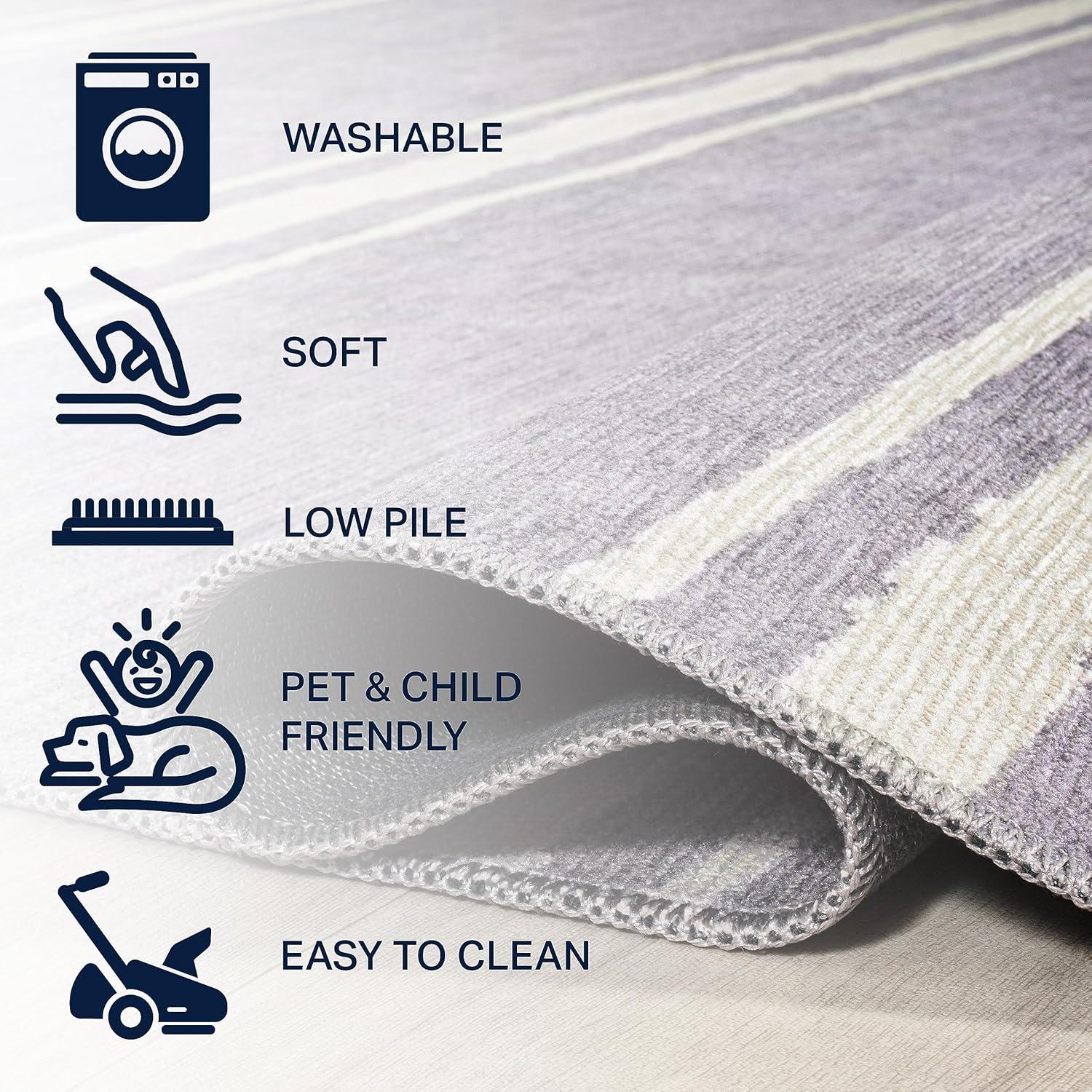 Lavender Ivory Stripe Machine-Washable Rectangular Area Rug