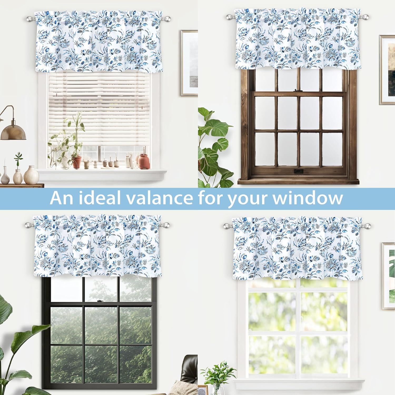 Navy Blue Floral Leaves Rod Pocket Valance, 52 x 18 Inch