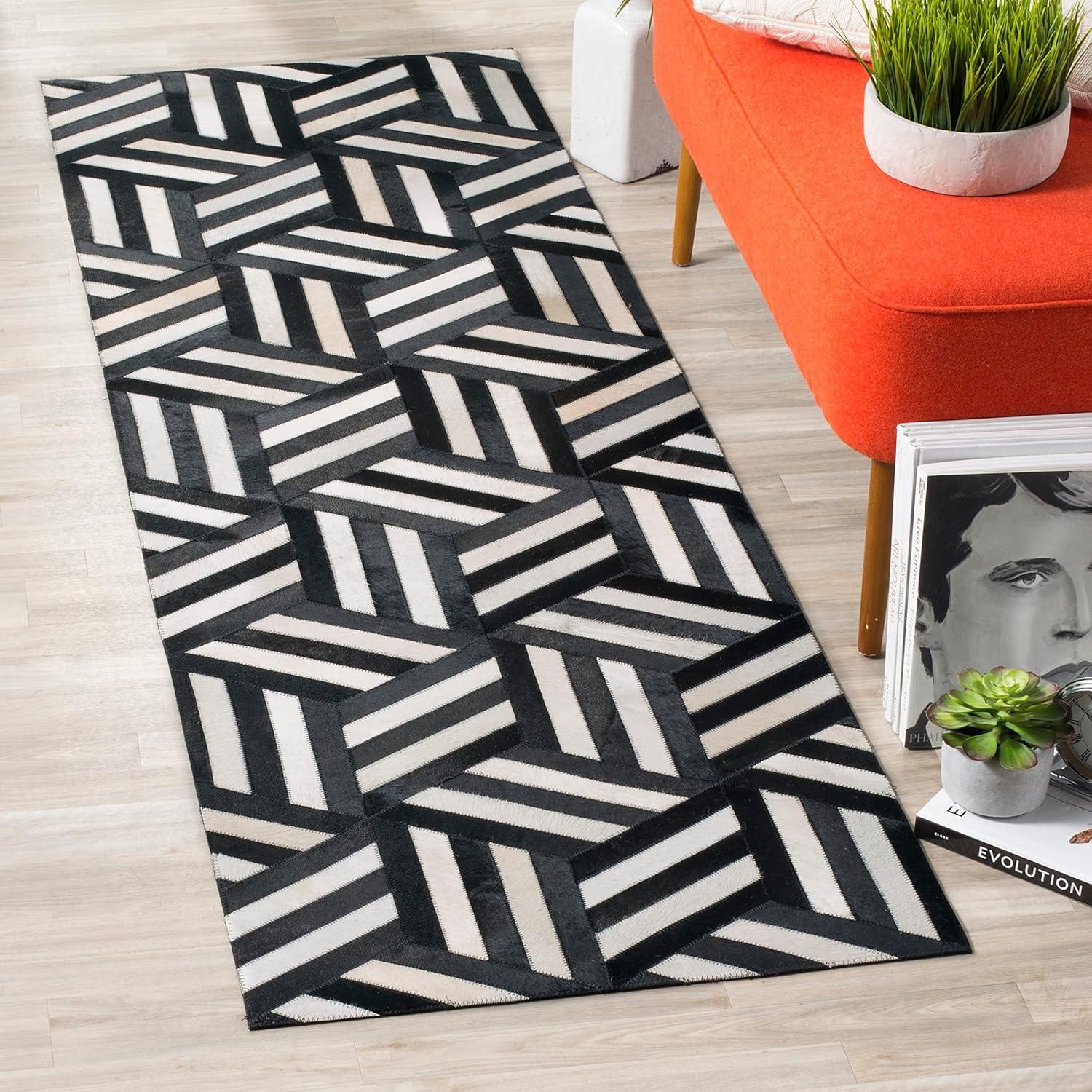 Ivory and Black Geometric Cowhide Area Rug, 8' x 10'