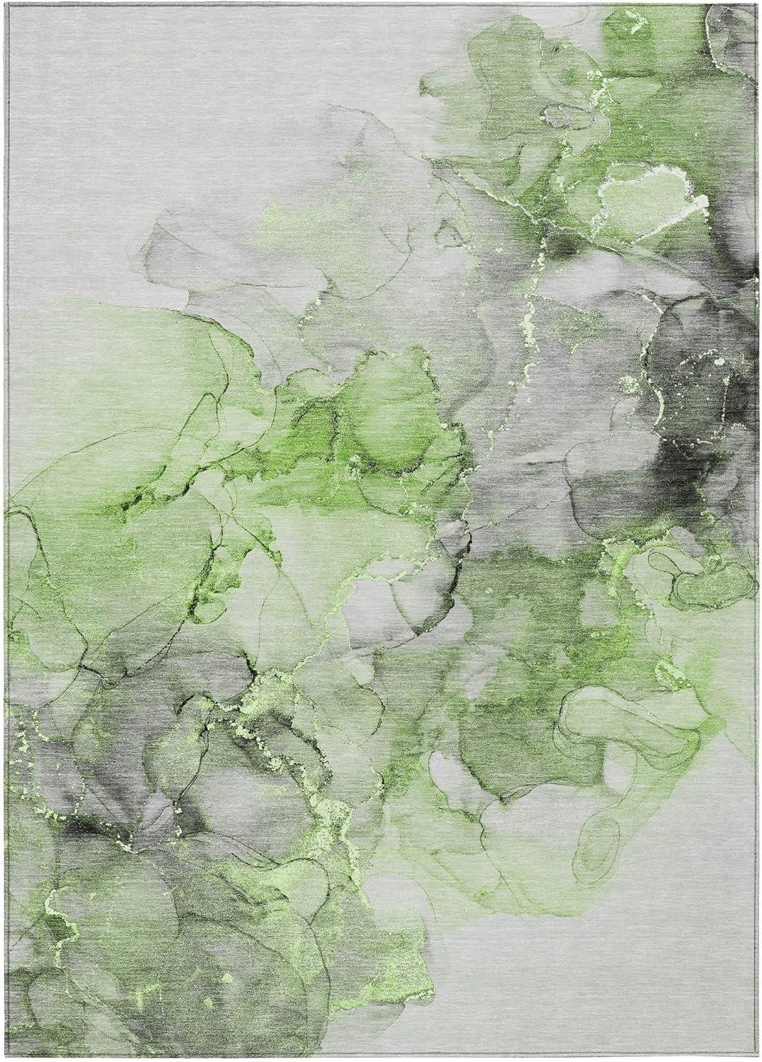 Green and Gray Watercolor Synthetic Washable Area Rug