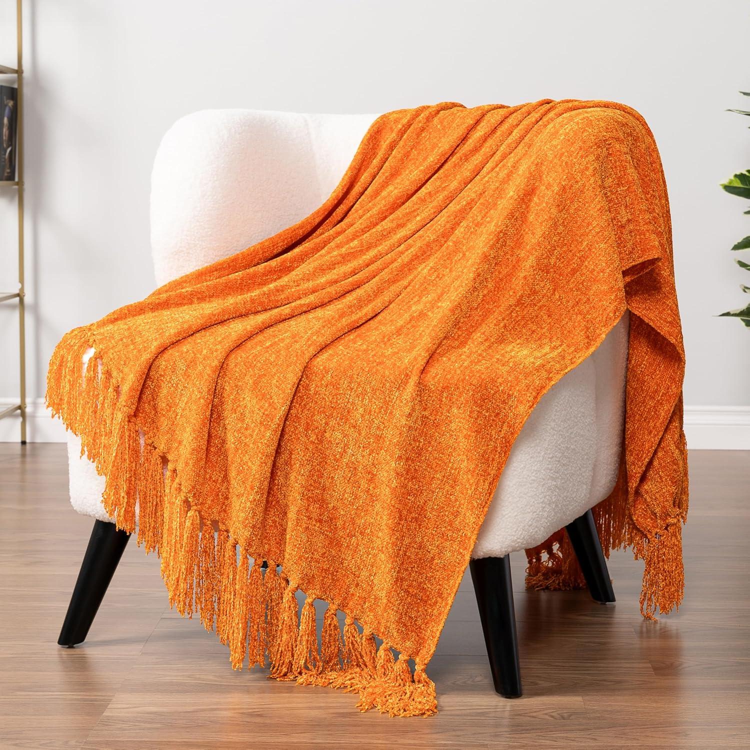 PAVILIA Chenille Throw Blanket with Woven Knitted Tassel Fringe for Couch, Living Room Decor and Bed