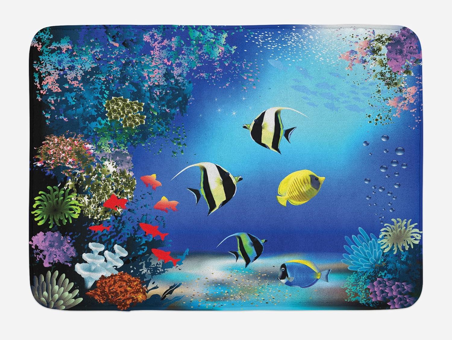 Underwater Bath Mat, Tropical Undersea with Colorful Fishes Swimming in the Ocean Coral Reefs Artsy Image, Non-Slip Plush Mat Bathroom Kitchen Laundry Room Decor, 29.5 X 17.5 Inches, Blue, Ambesonne