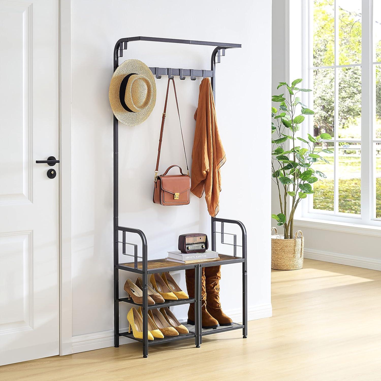 Rustic Brown and Black Metal Hall Tree with Storage Bench