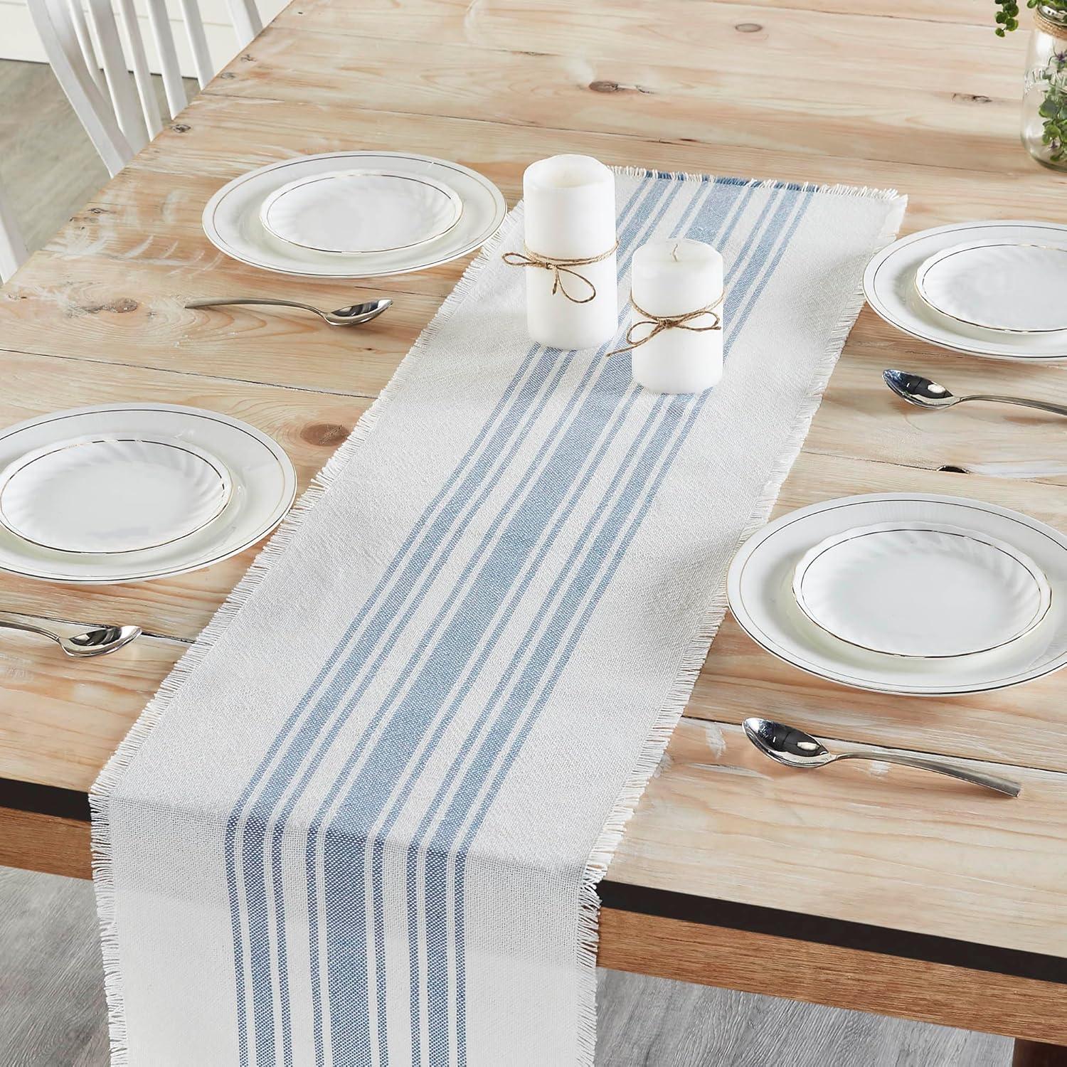 Antique White and Dusty Blue Striped Polyester Table Runner 12x48