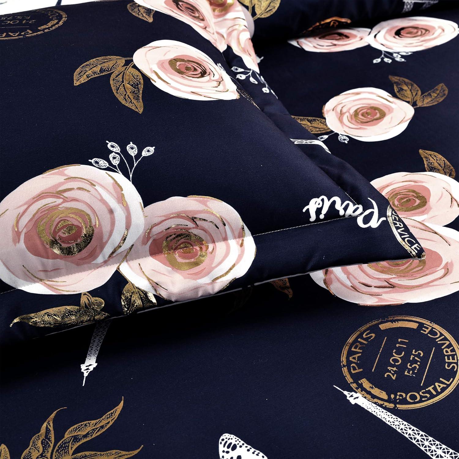Lush Decor Vintage Paris Rose Butterfly Script Microfiber Reversible 7 Piece Comforter Set