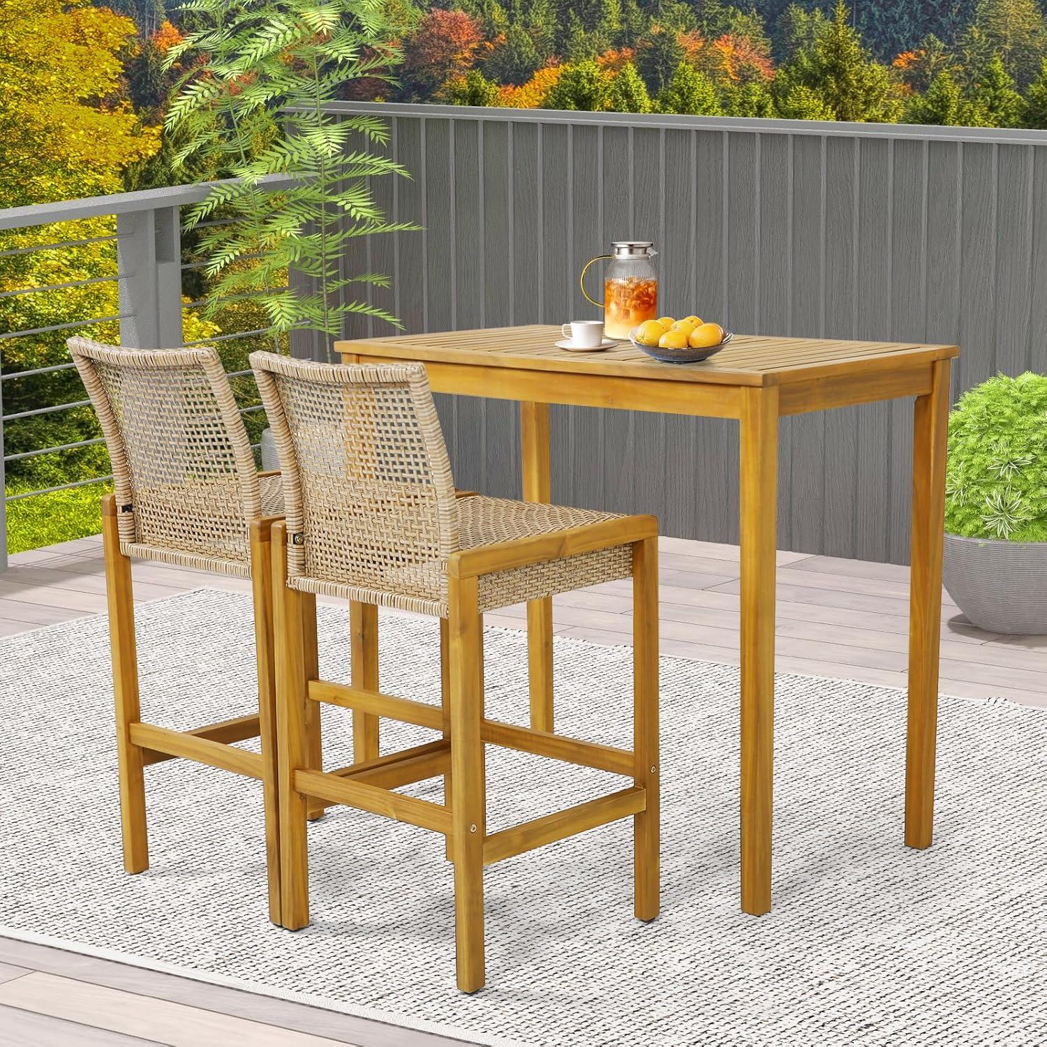 Costway Set of 4 Patio Wood Barstools Rattan Bar Height Chairs with Backrest Porch Balcony