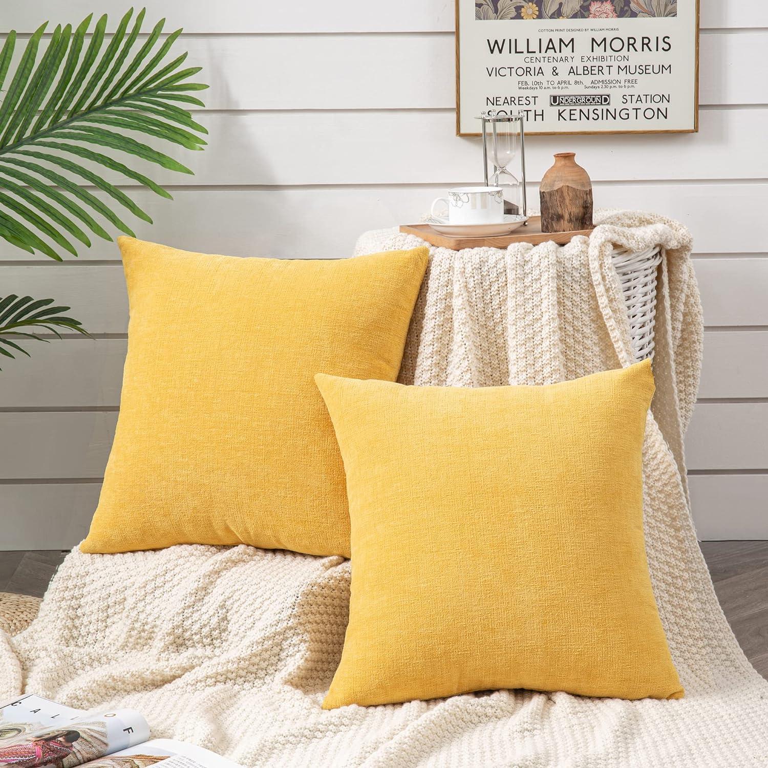 Yellow 20" Square Chenille Pillow Covers with Piped Edges