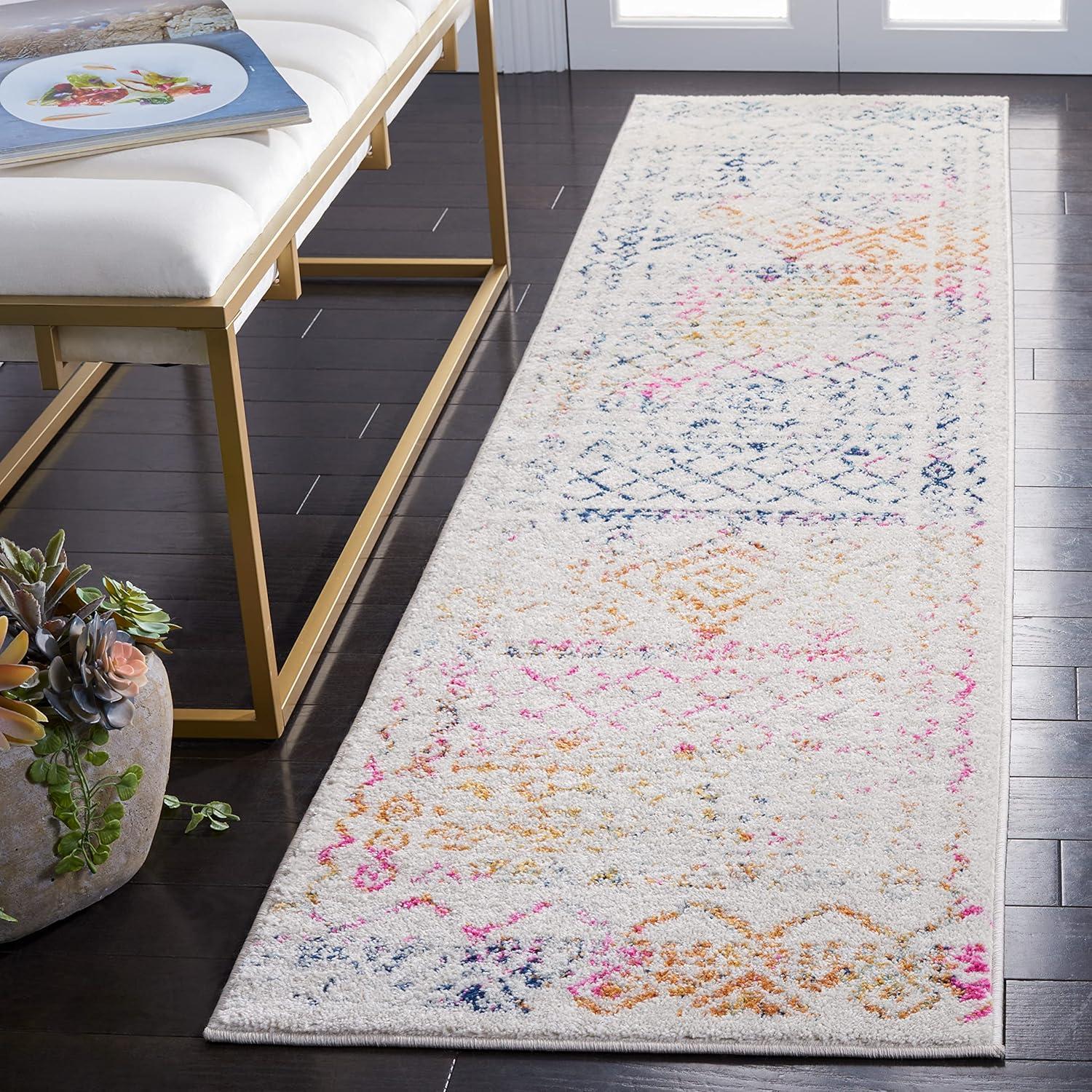 Ivory and Fuchsia Synthetic Oriental Runner Rug, 2' x 11'