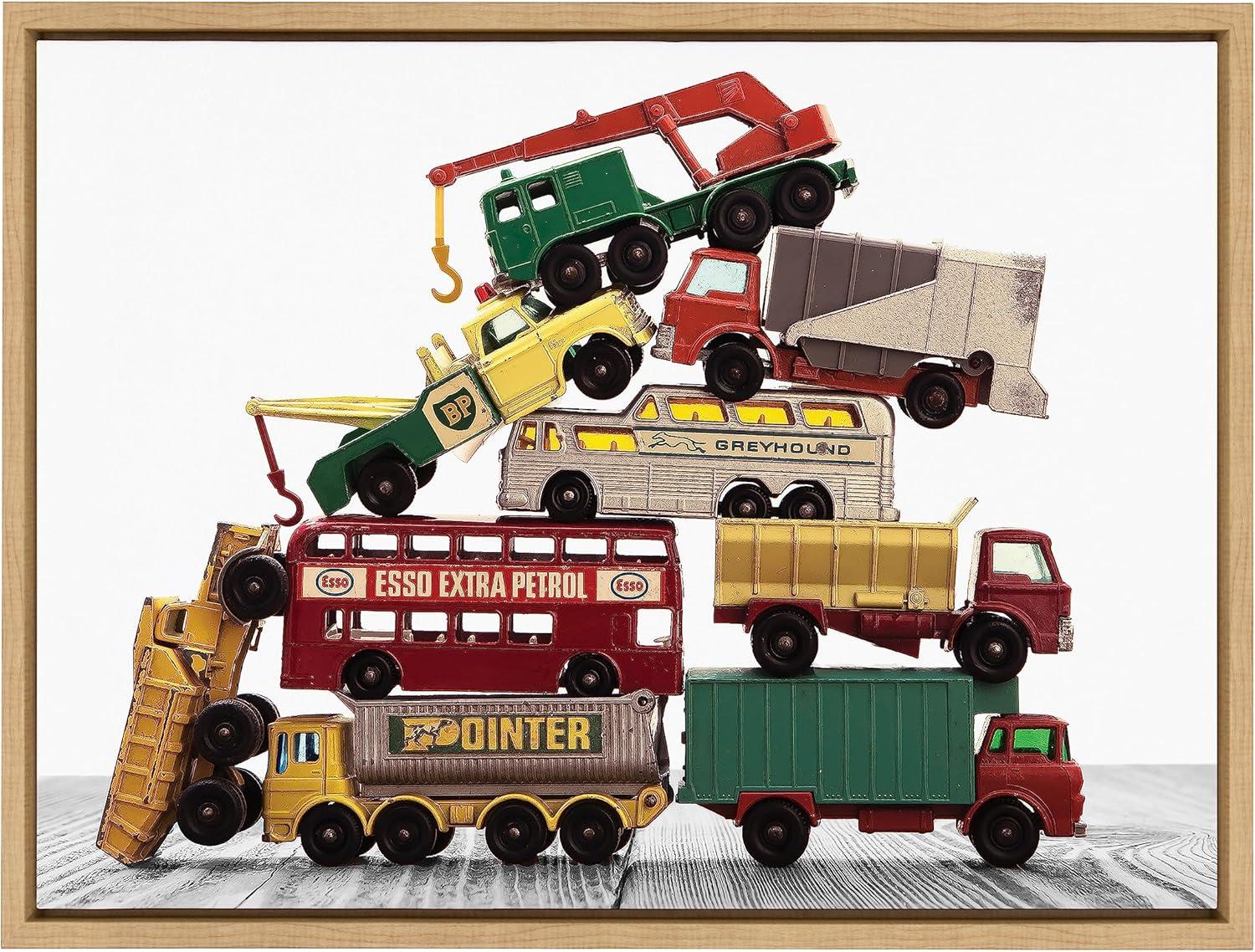 Kate and Laurel Sylvie Vintage Stacked Matchbox Work Vehicles Pile Framed Canvas Wall Art by Saint and Sailor Studios, 18x24 Natural, Modern Colorful Car Toys Art for Wall