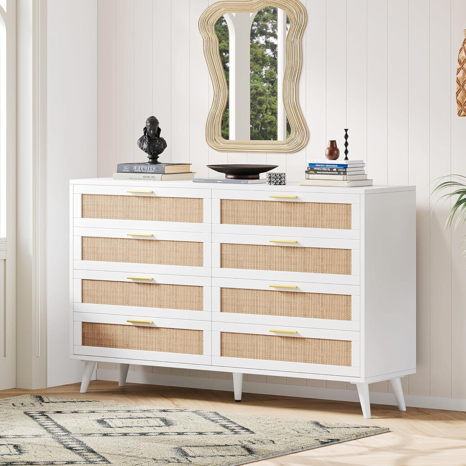 Danolapsi Rattan Dresser for Bedroom with 8 Drawer,Modern Storage Double Drawers for Bedroom,Wooden Dresser Chest,Beside Table for Closet,Nursery, Living Room and Entryway