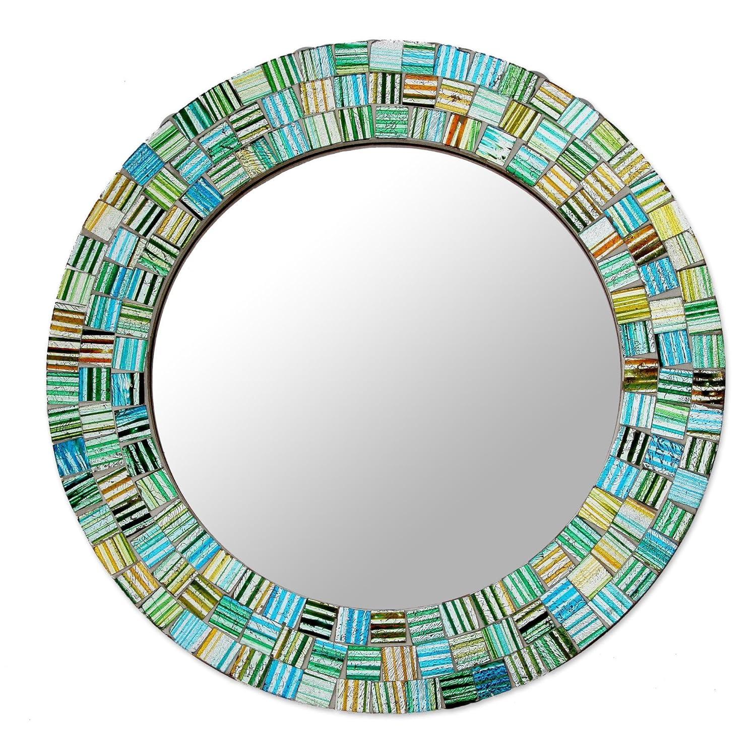 Aqua Trellis Round Wood Framed Mosaic Wall Mirror