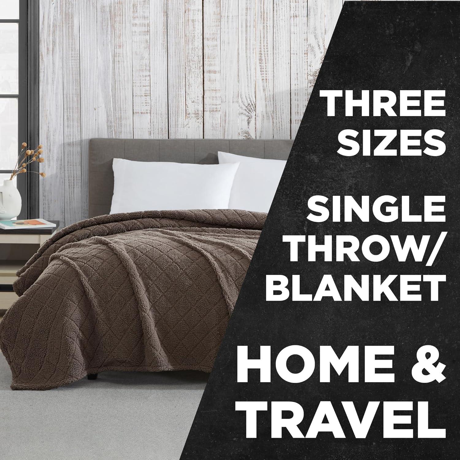 Cathay Home Coleman Oversize Diamond Quilted Teddy Sherpa Fleece Throw Blanket/Bedspread - Home, Sofa, Couch, Outdoor, Travel, Stadium, Sports, Camping, Hiking - Charcoal Brown, Full/Queen (90"x90")
