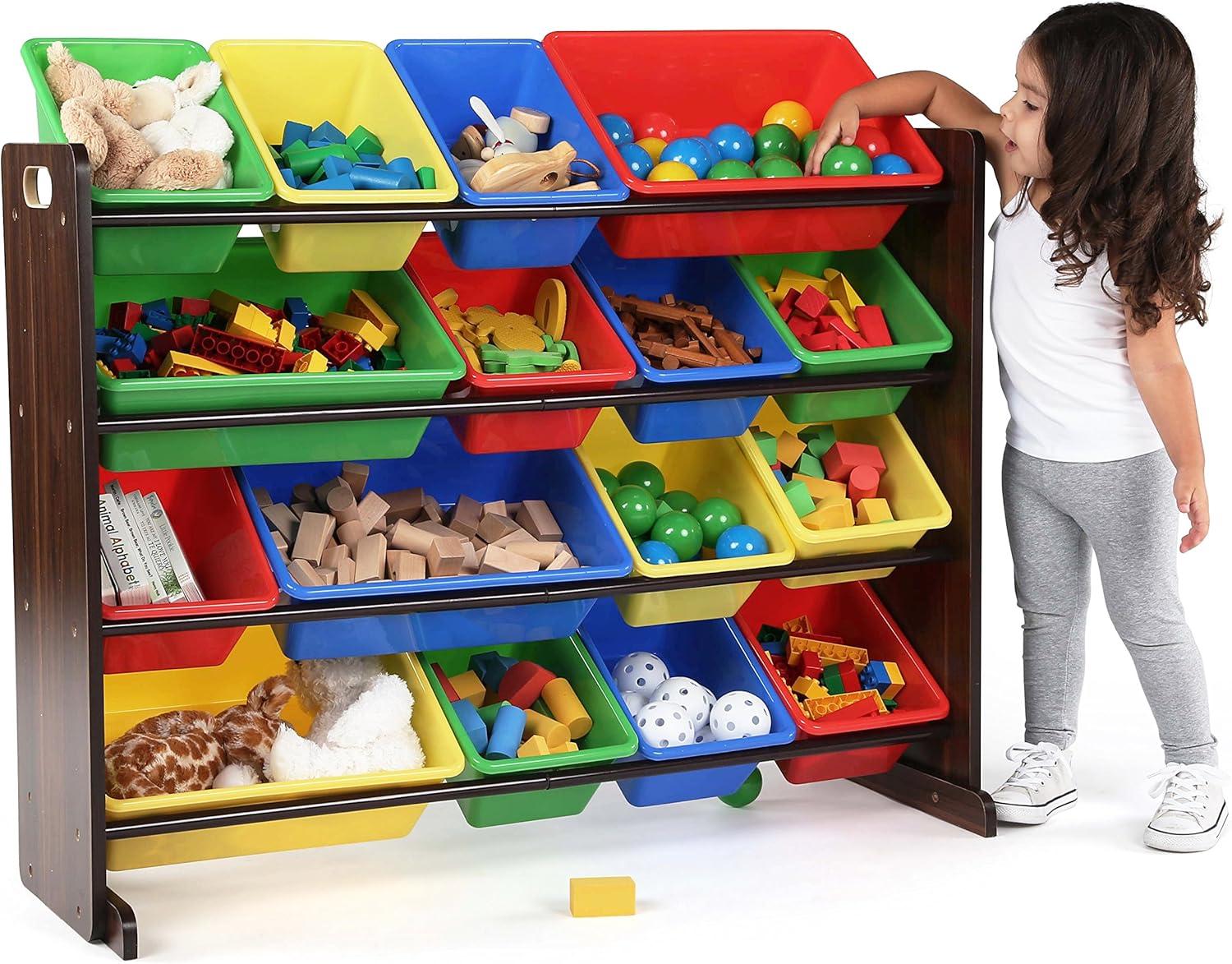 Discover Supersized Kids' Toy Storage Bin Organizer Dark Wood - Humble Crew: MDF Shelves, Anti-Tip, 17 Pieces