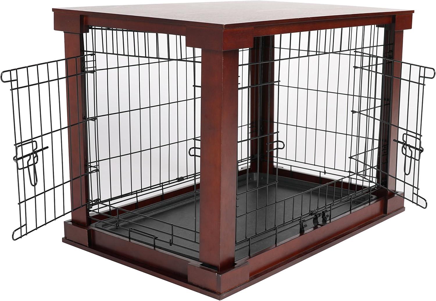 Merry Products 2 Door Decorative Pet Kennel with Wooden Protection Cover, Divider Insert, and Removable Tray End or Side Table, Large, Brown