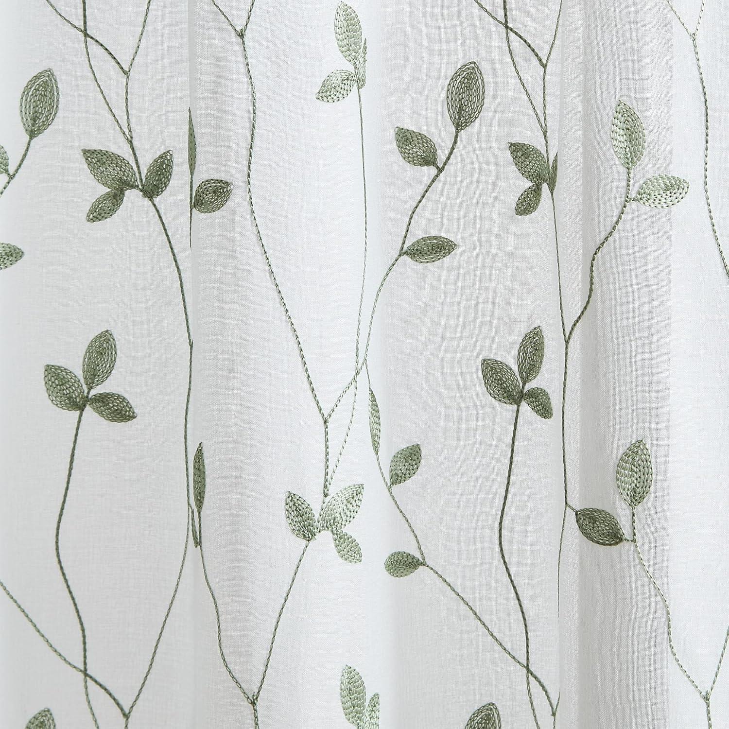 Sage Botanical Embroidered Polyester Light-Filtering Tier Curtains